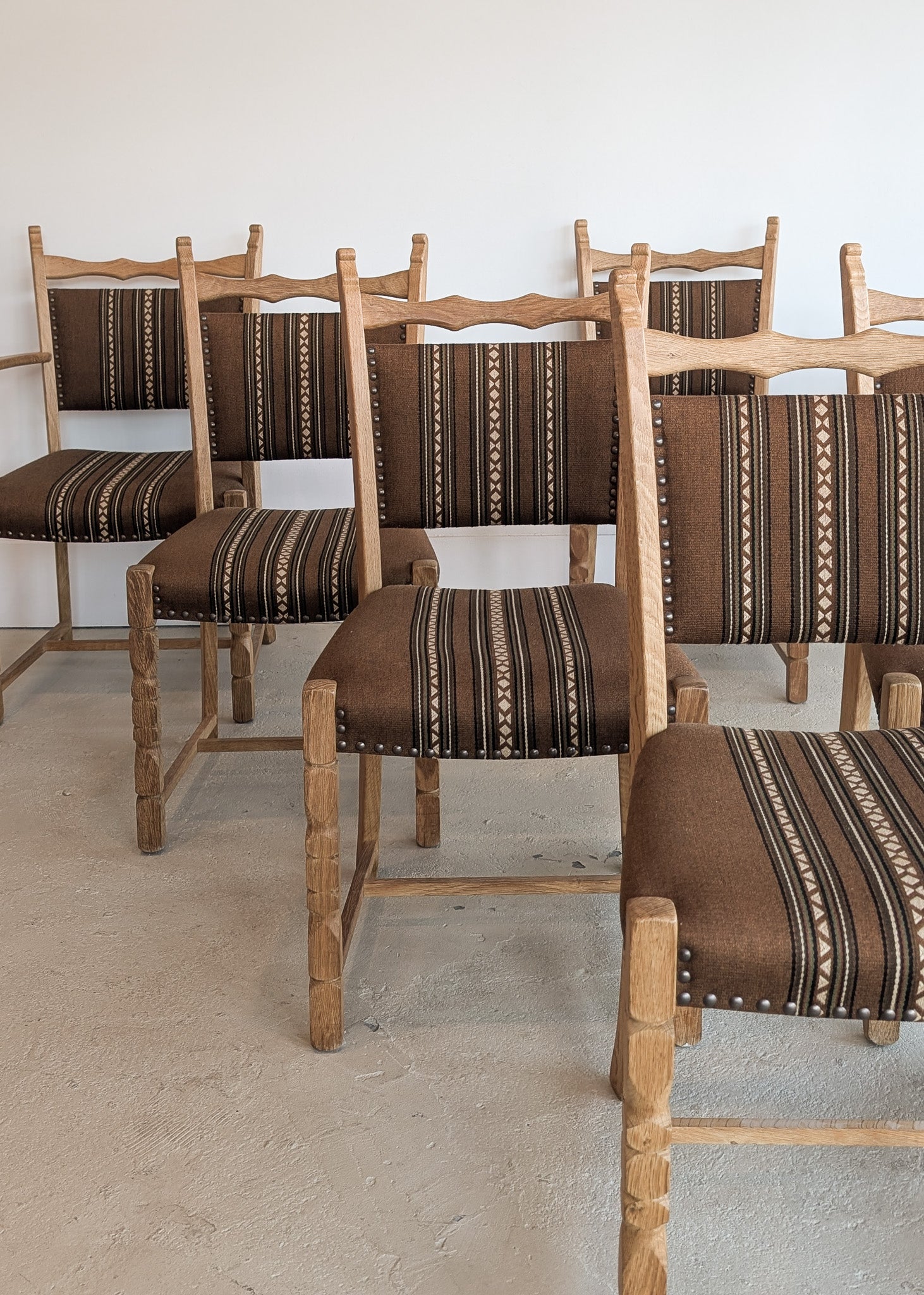 Set of 8 Vintage Danish Henning Kjærnulf-Attributed White Oak Dining Chairs with Original Brown Upholstery
