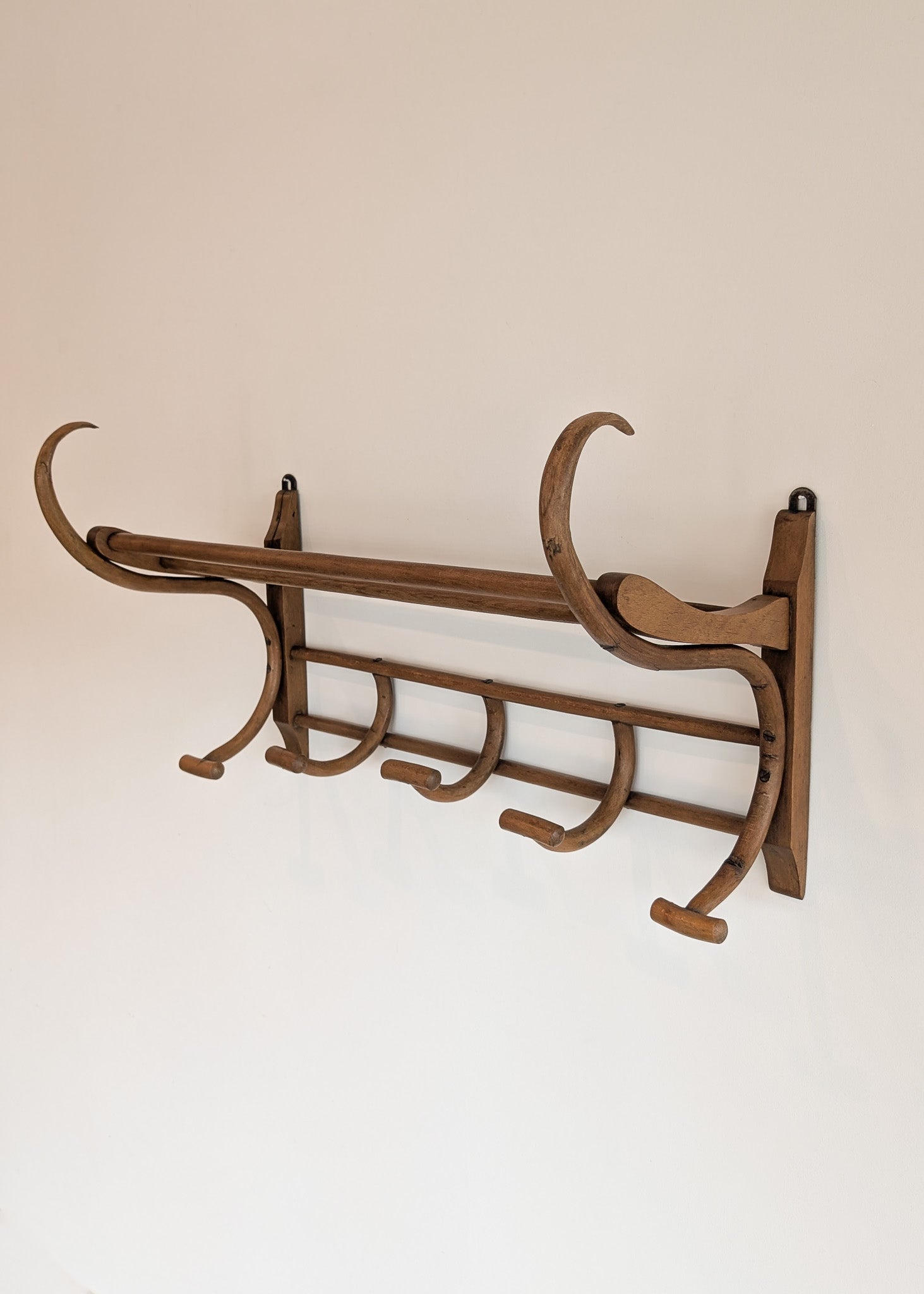 Large Antique Thonet-Style Bentwood Coat Rack with Top Rack