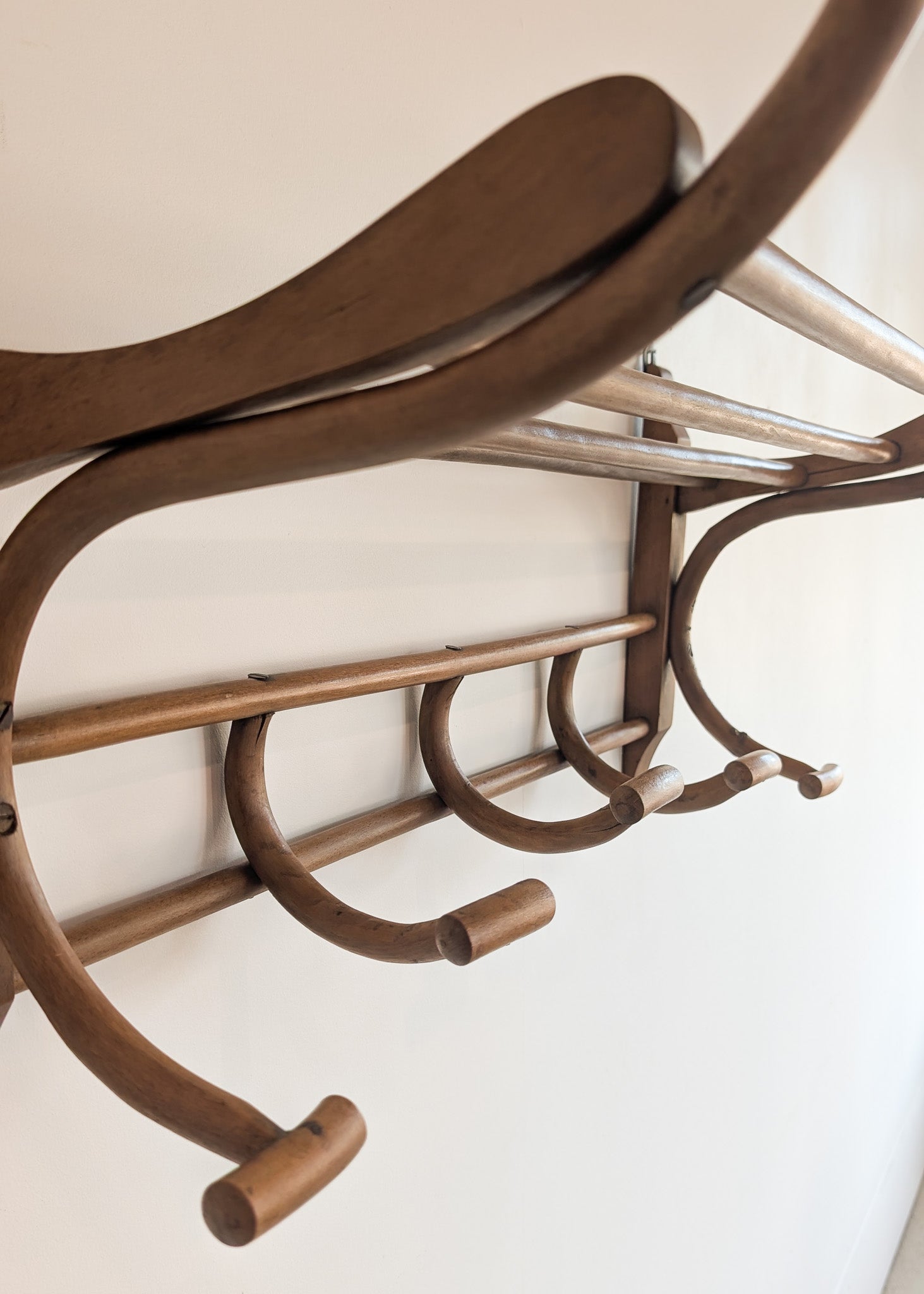 Large Antique Thonet-Style Bentwood Coat Rack with Top Rack