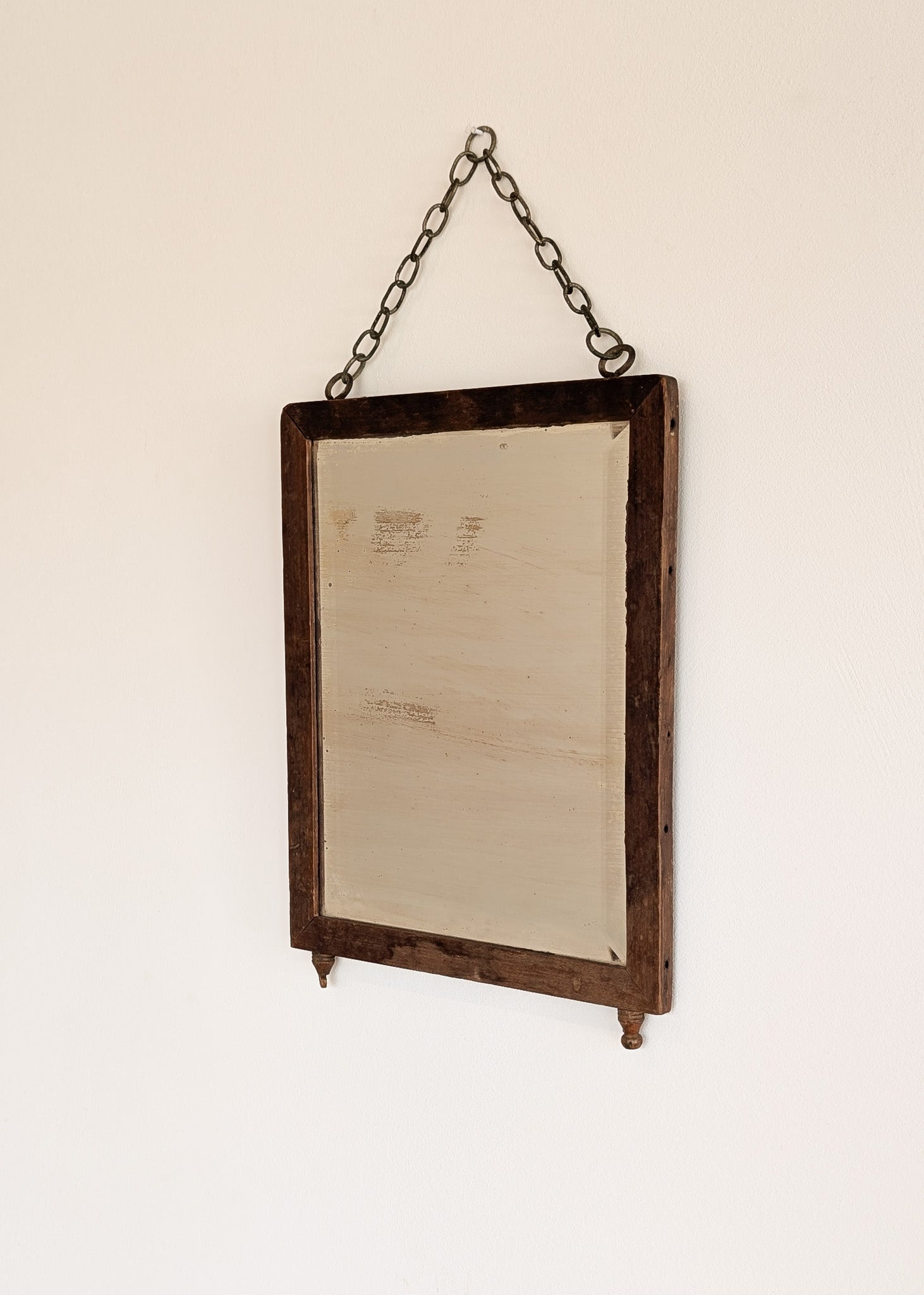Antique Wooden Mirror with Unique Textural Flora and Fauna Backing and Hanging Chain