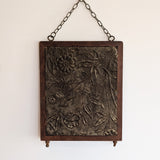 Antique Wooden Mirror with Unique Textural Flora and Fauna Backing and Hanging Chain