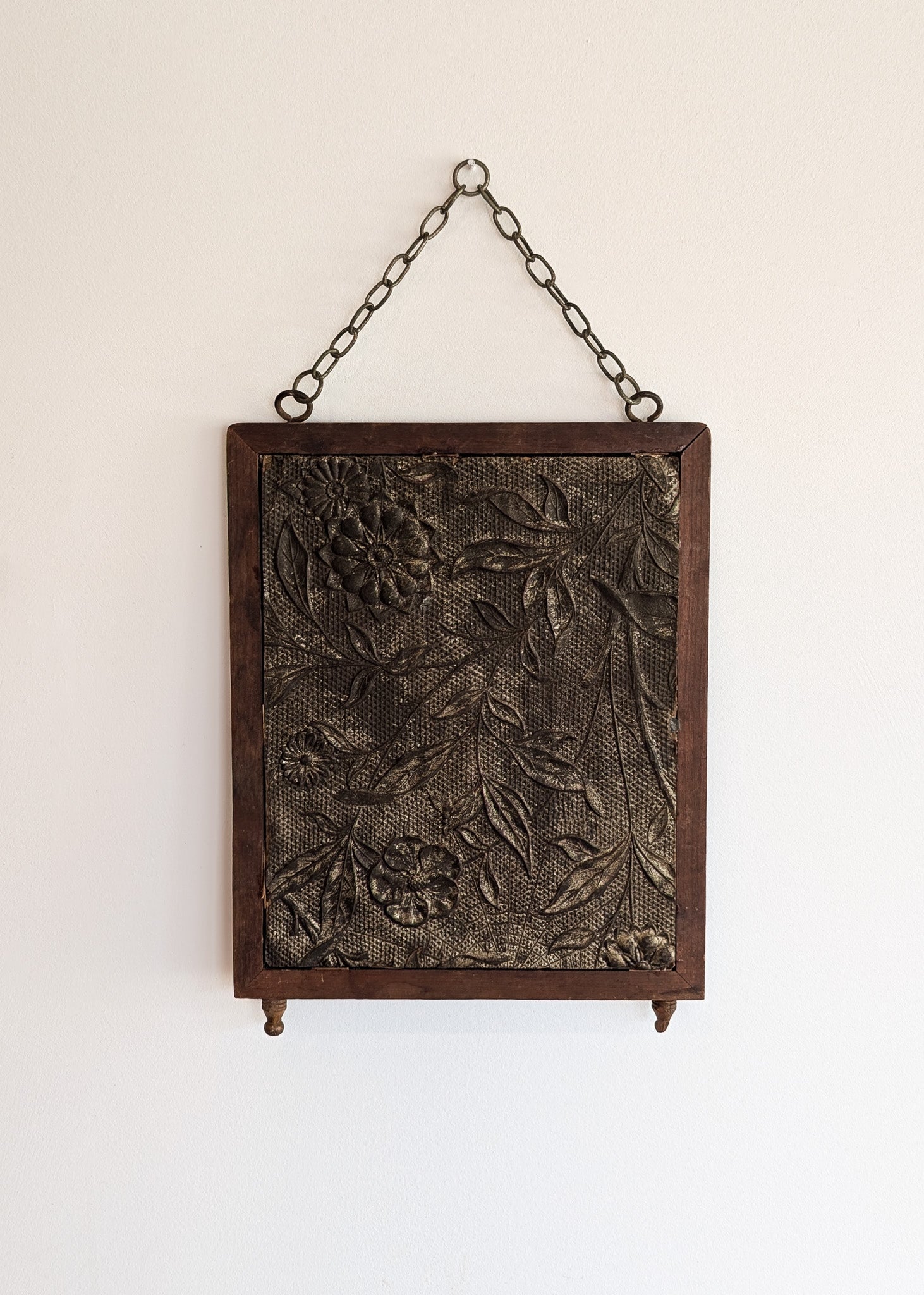 Antique Wooden Mirror with Unique Textural Flora and Fauna Backing and Hanging Chain