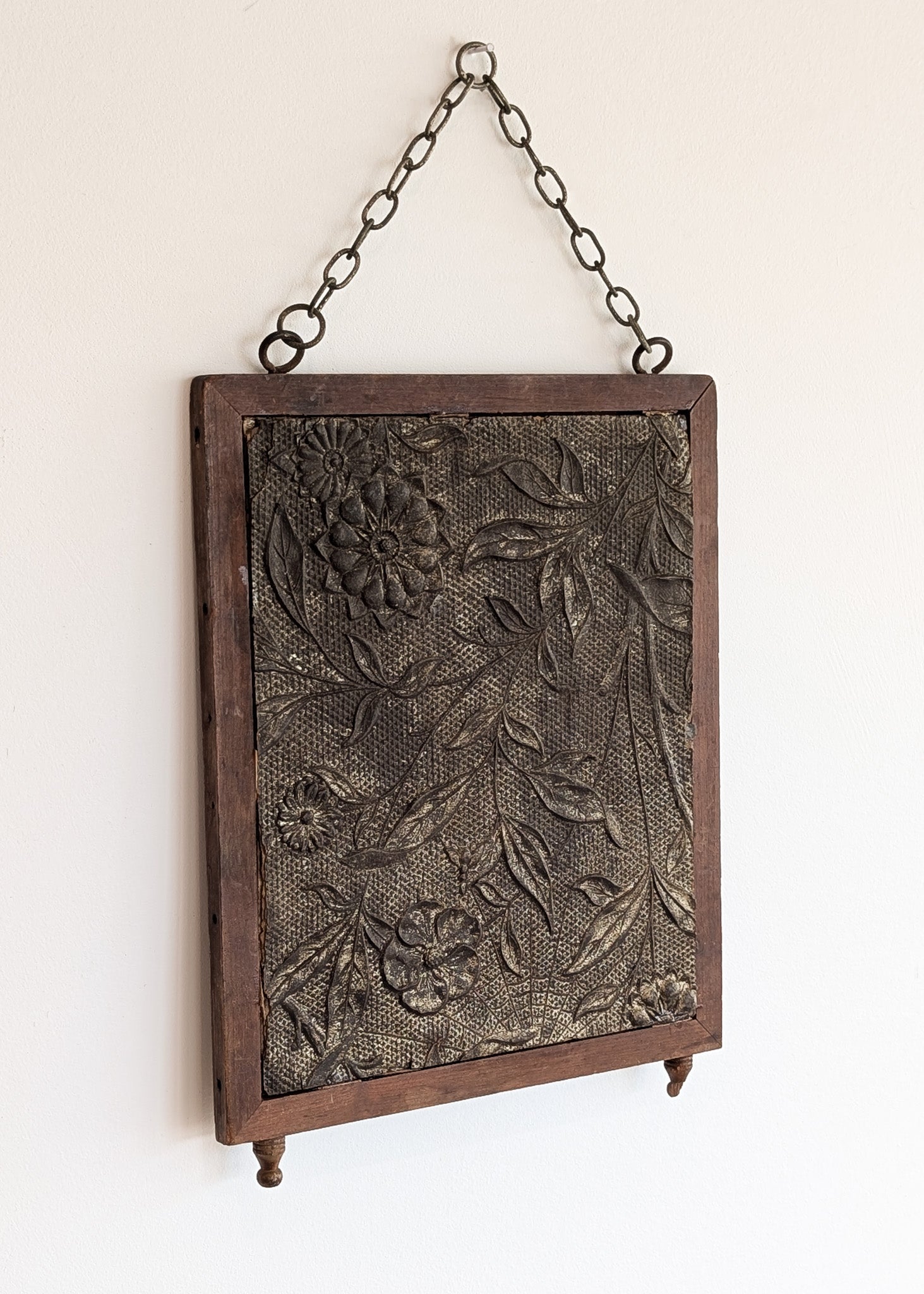Antique Wooden Mirror with Unique Textural Flora and Fauna Backing and Hanging Chain