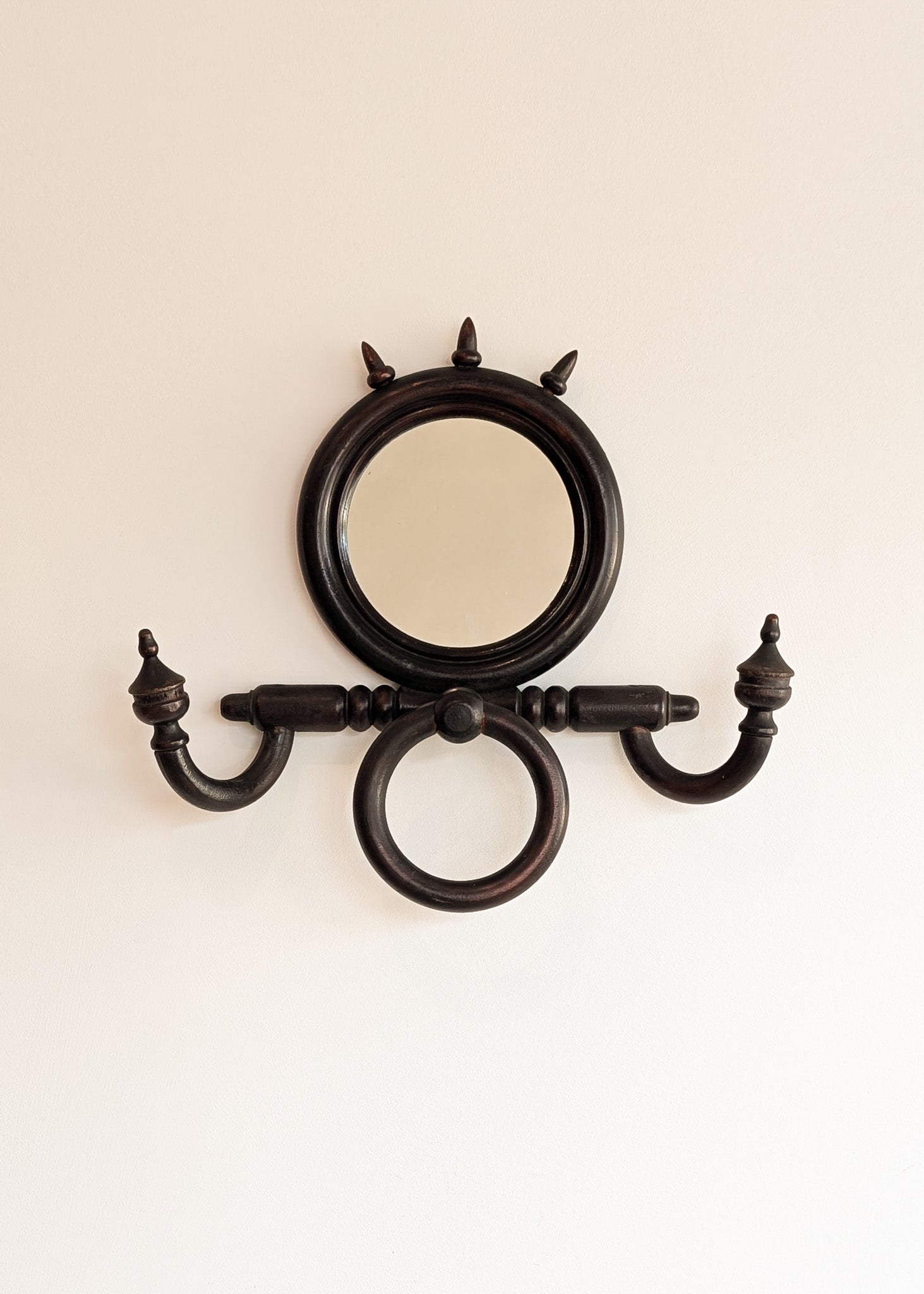 Unique Antique Victorian Gothic Dark Wooden Adjustable Coat Rack with Mirror and Hook