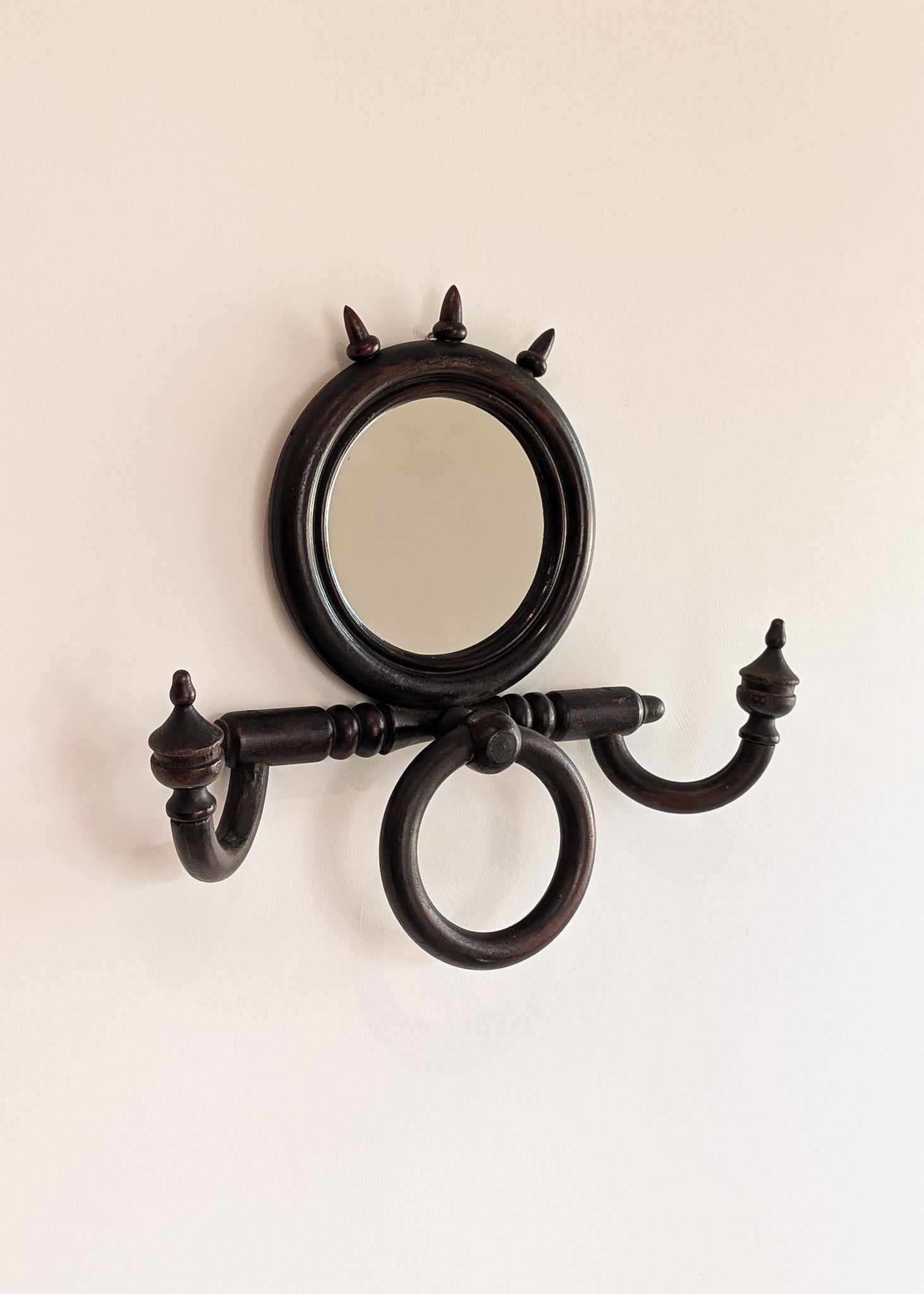 Unique Antique Victorian Gothic Dark Wooden Adjustable Coat Rack with Mirror and Hook
