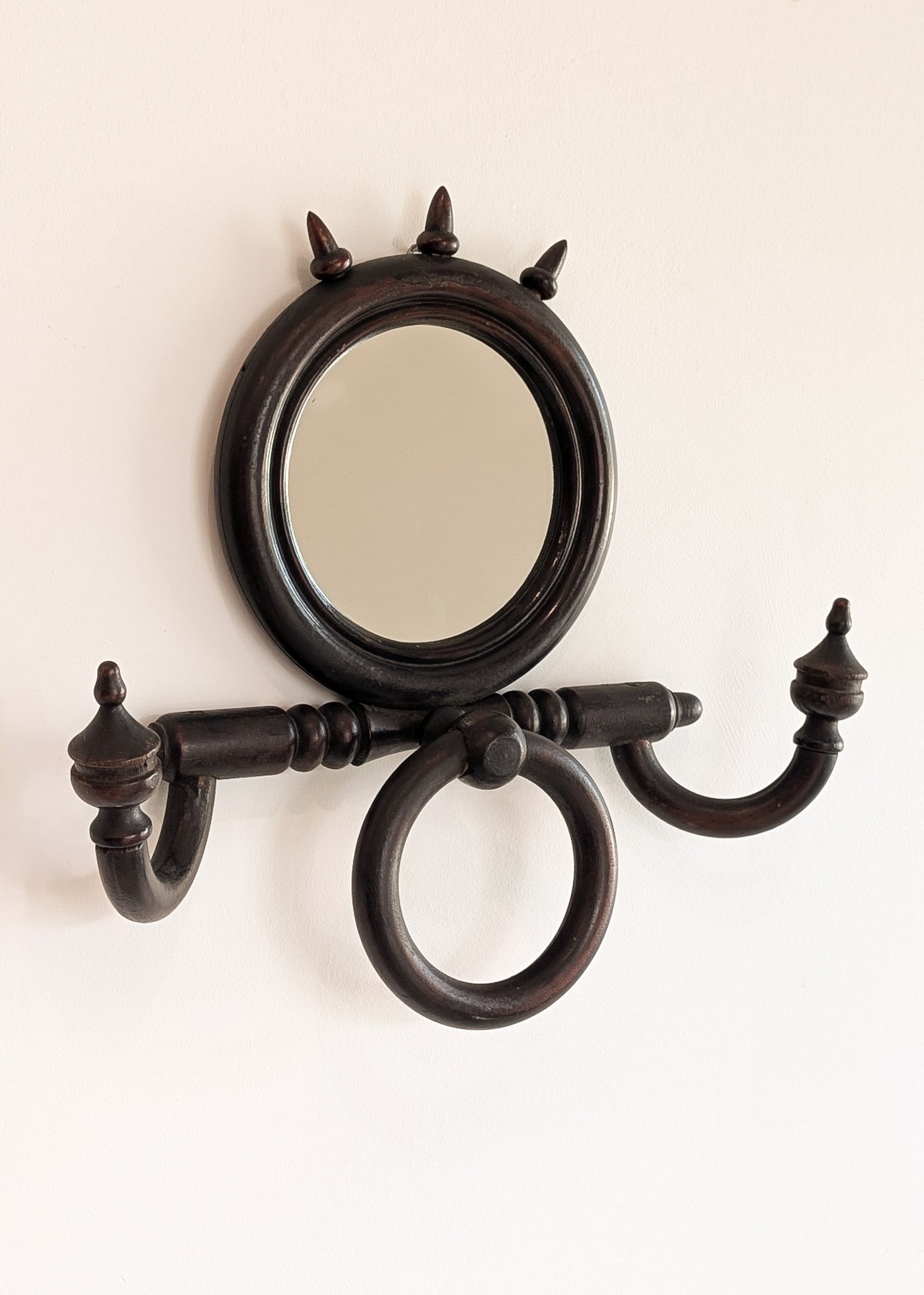 Unique Antique Victorian Gothic Dark Wooden Adjustable Coat Rack with Mirror and Hook