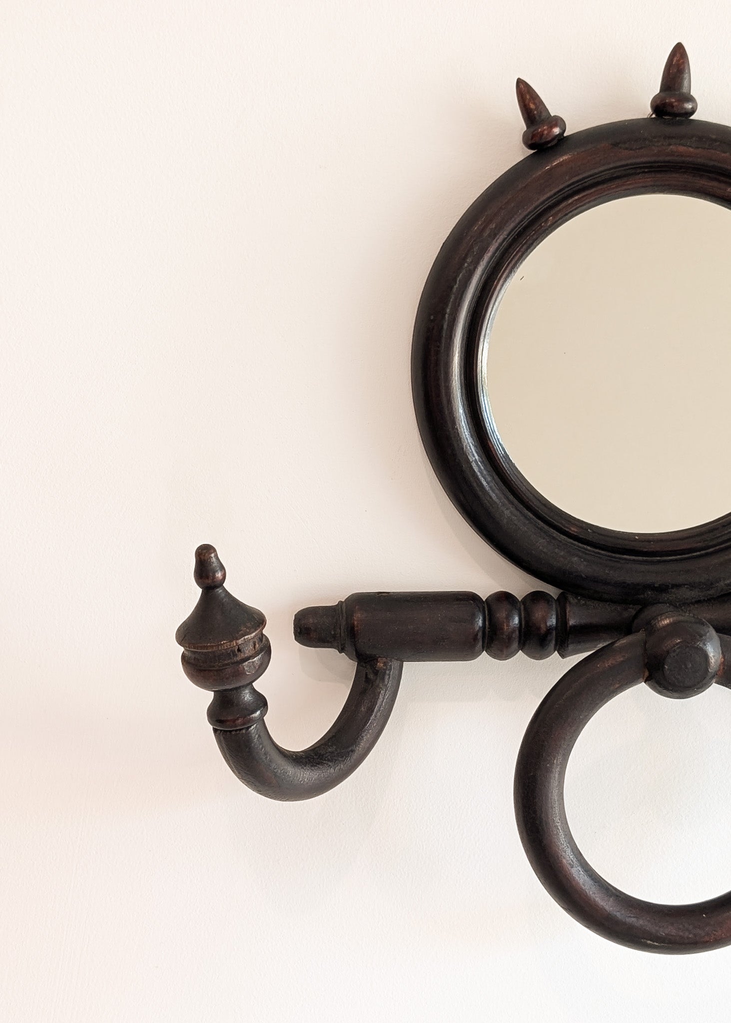 Unique Antique Victorian Gothic Dark Wooden Adjustable Coat Rack with Mirror and Hook