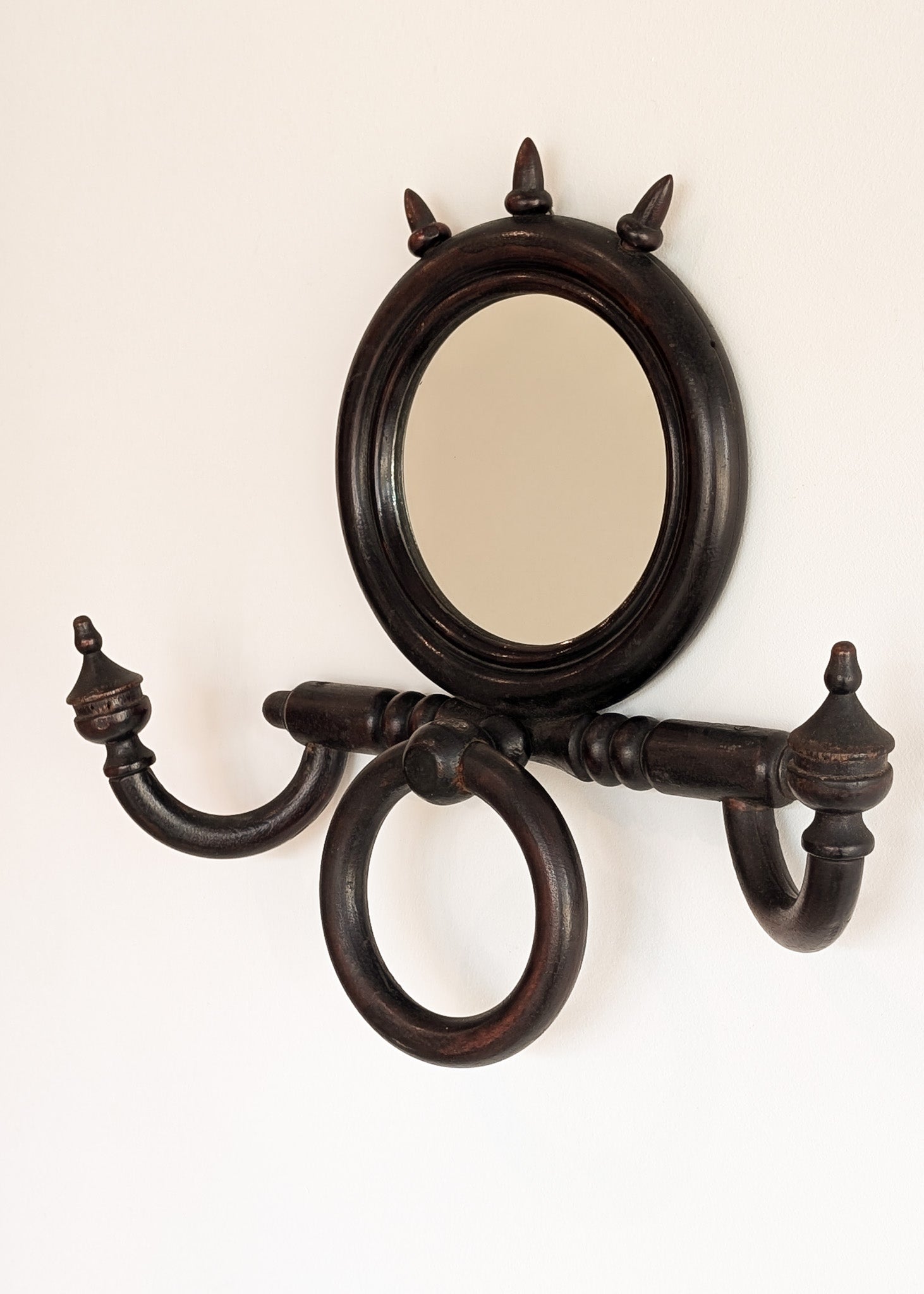 Unique Antique Victorian Gothic Dark Wooden Adjustable Coat Rack with Mirror and Hook