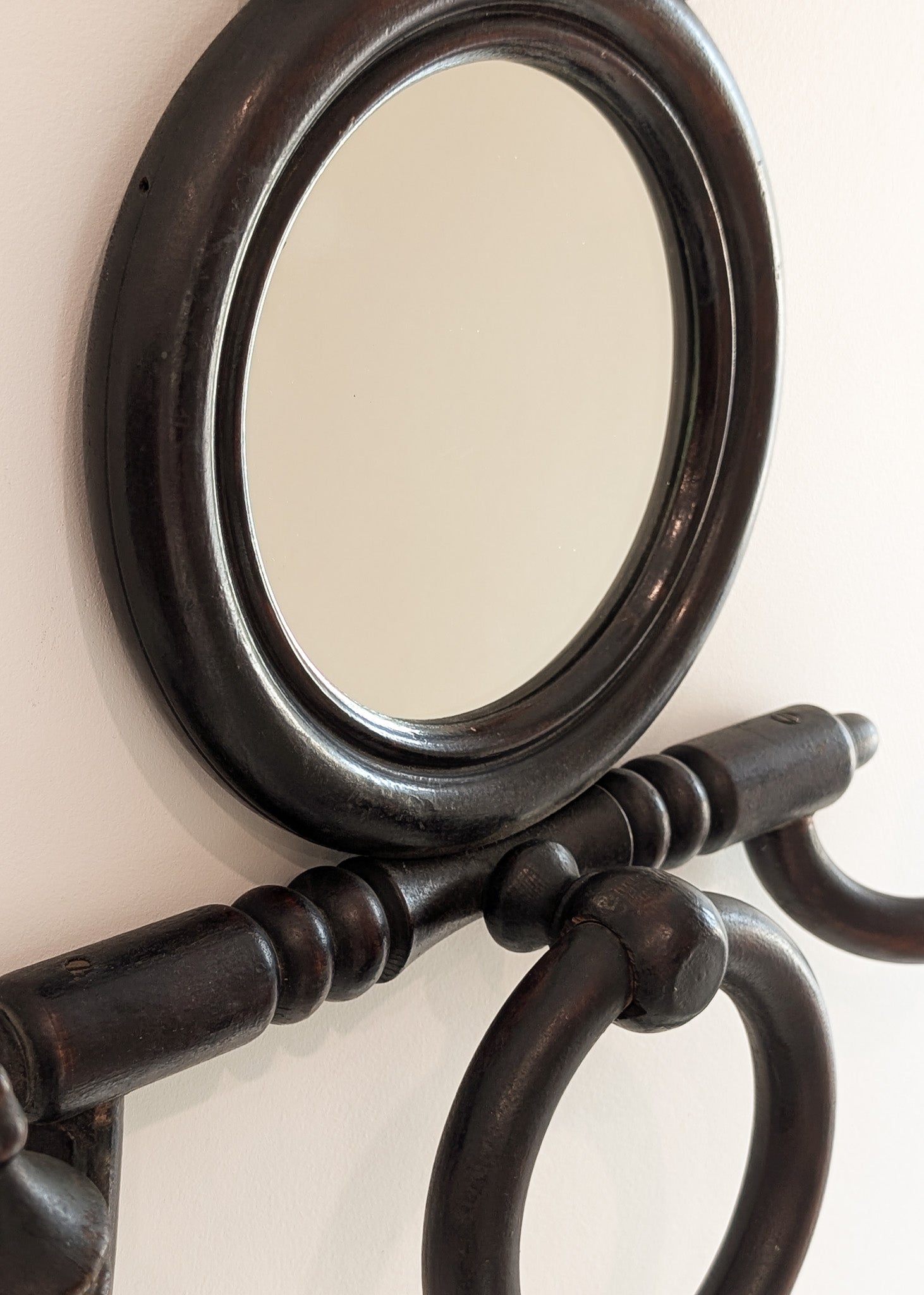 Unique Antique Victorian Gothic Dark Wooden Adjustable Coat Rack with Mirror and Hook