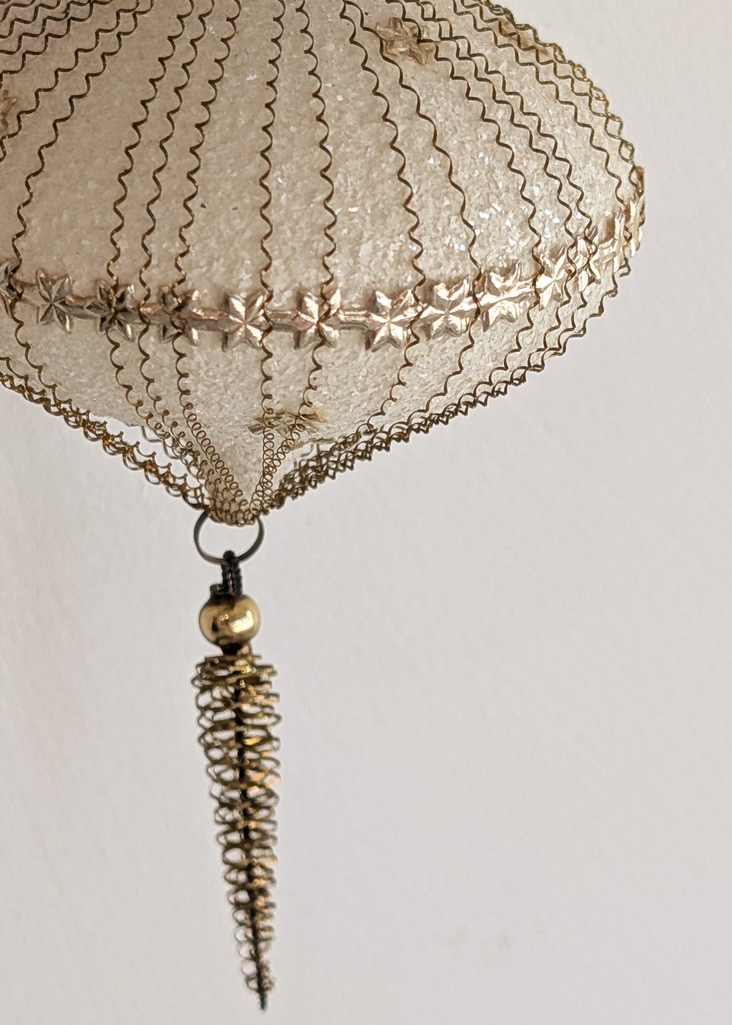 Set of 5 Vintage Midcentury West Germany Mica-Covered Spun Wire Glass Ornaments with Gold Foil Star Detailing