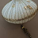 Set of 5 Vintage Midcentury West Germany Mica-Covered Spun Wire Glass Ornaments with Gold Foil Star Detailing