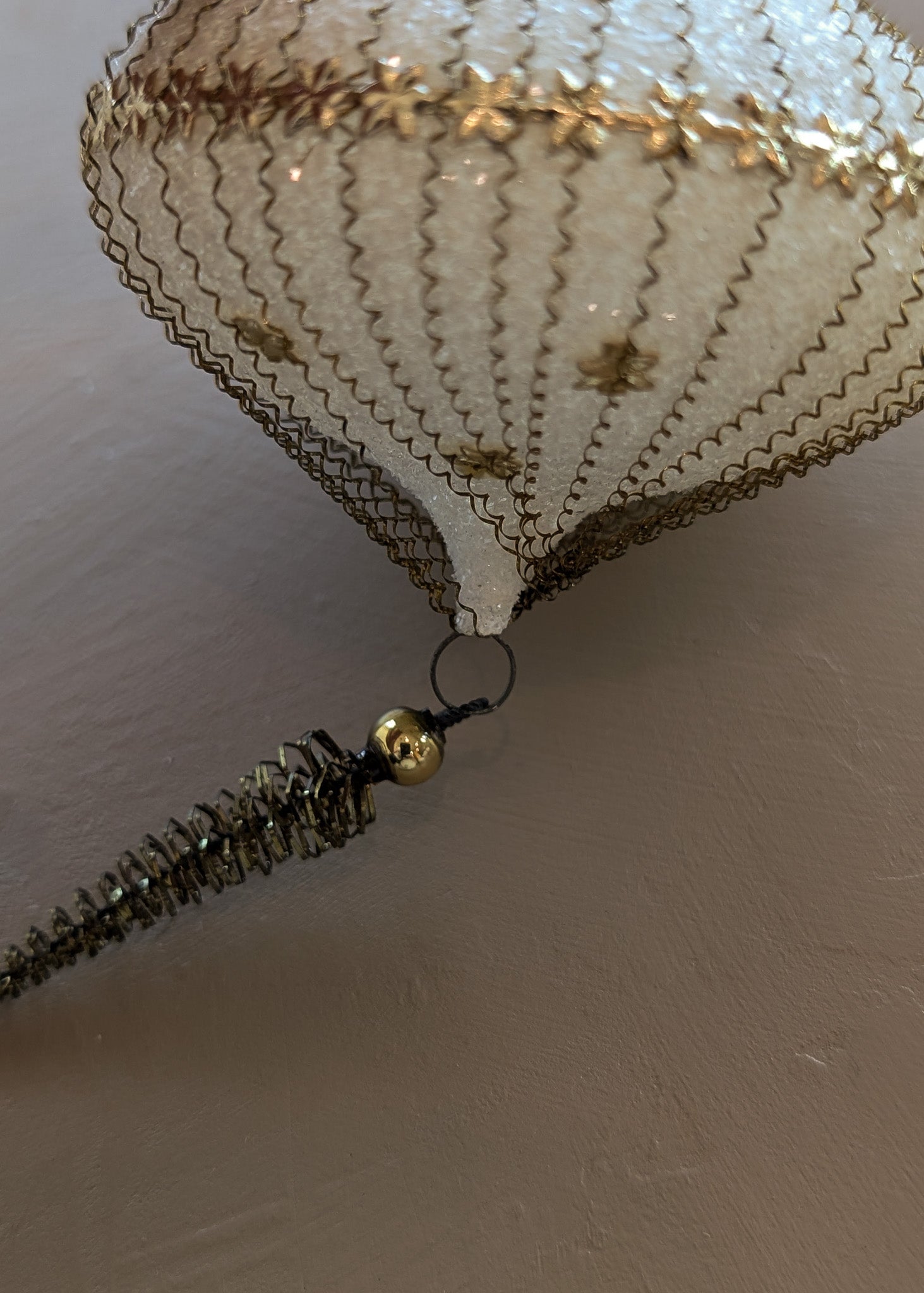 Set of 5 Vintage Midcentury West Germany Mica-Covered Spun Wire Glass Ornaments with Gold Foil Star Detailing