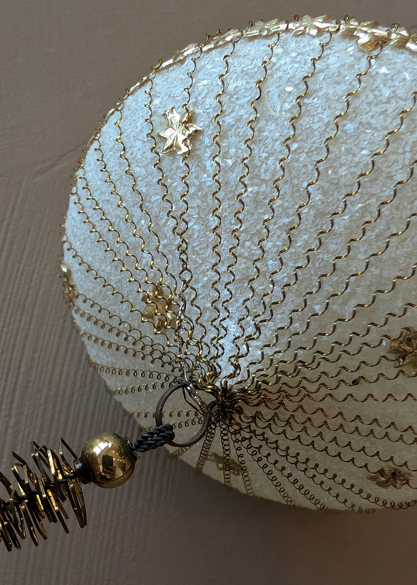 Set of 5 Vintage Midcentury West Germany Mica-Covered Spun Wire Glass Ornaments with Gold Foil Star Detailing