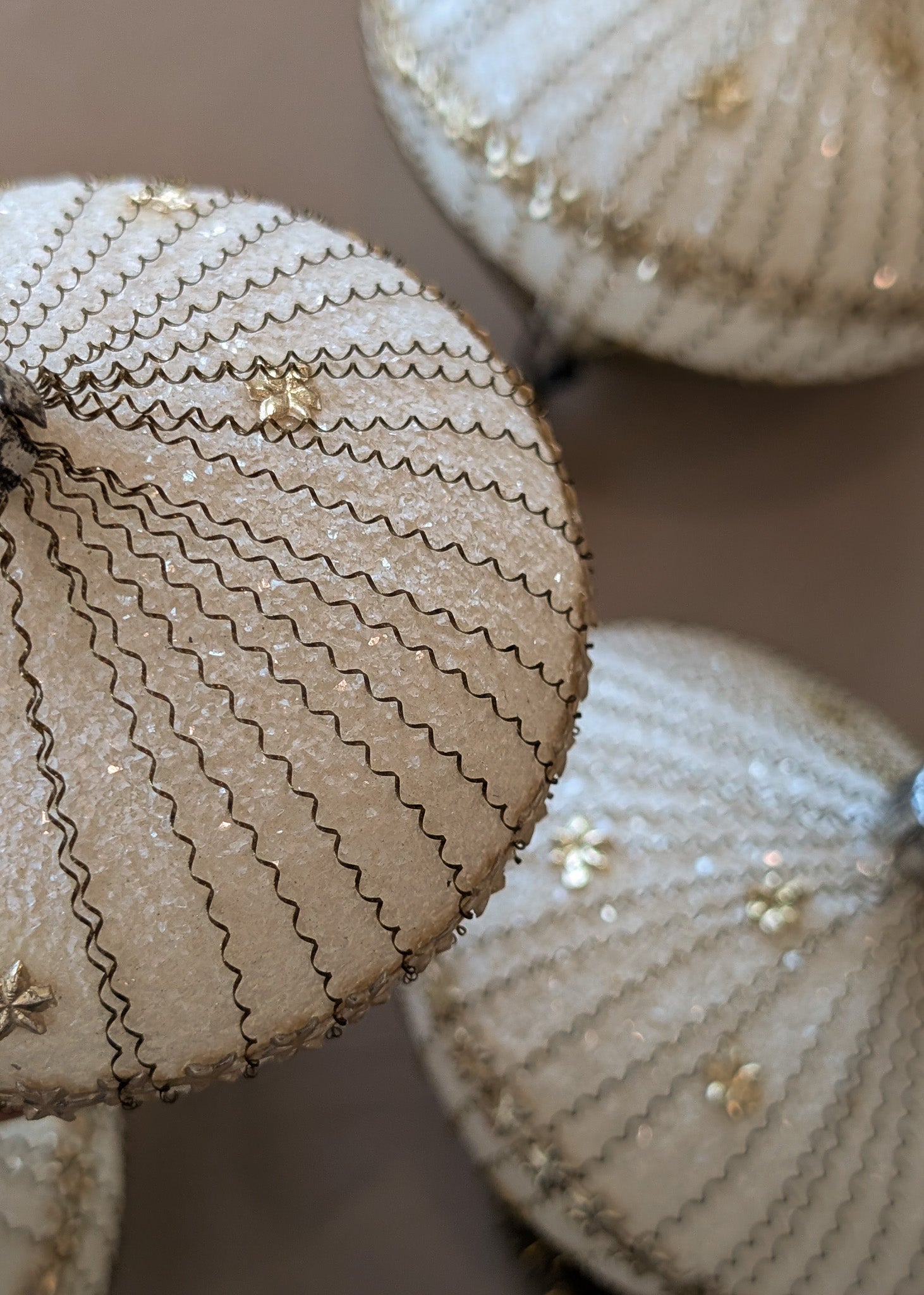 Set of 5 Vintage Midcentury West Germany Mica-Covered Spun Wire Glass Ornaments with Gold Foil Star Detailing