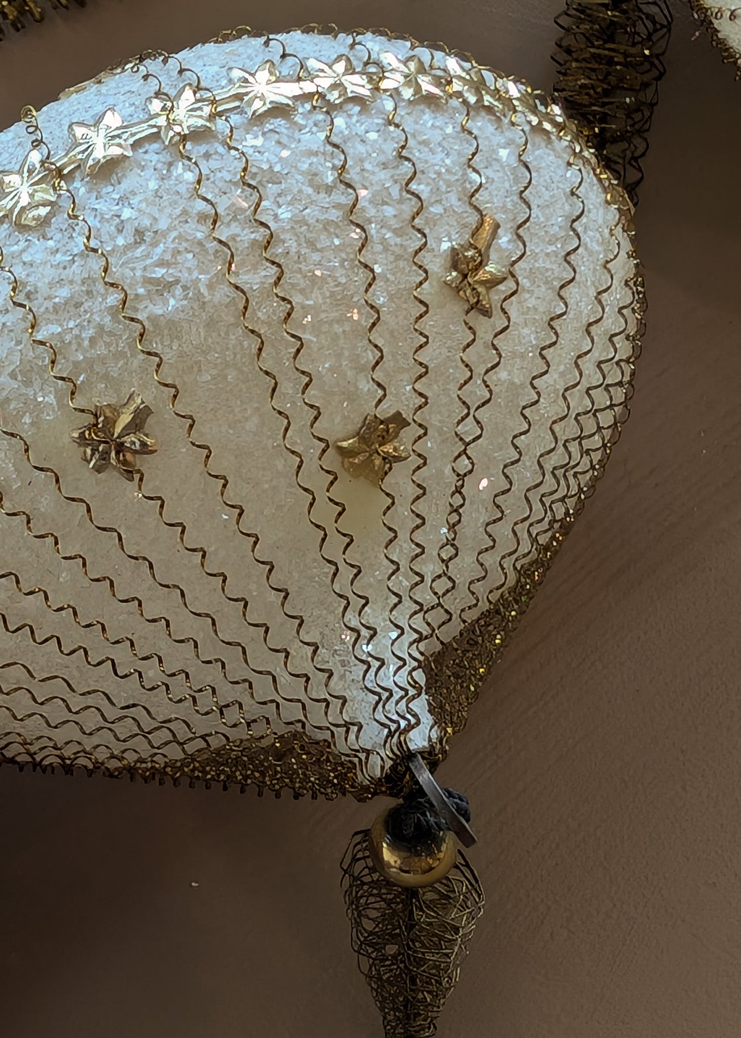 Set of 5 Vintage Midcentury West Germany Mica-Covered Spun Wire Glass Ornaments with Gold Foil Star Detailing