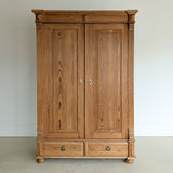 Handsome Antique European Pine Two-Door Cabinet with Bottom Drawer and Skeleton Key