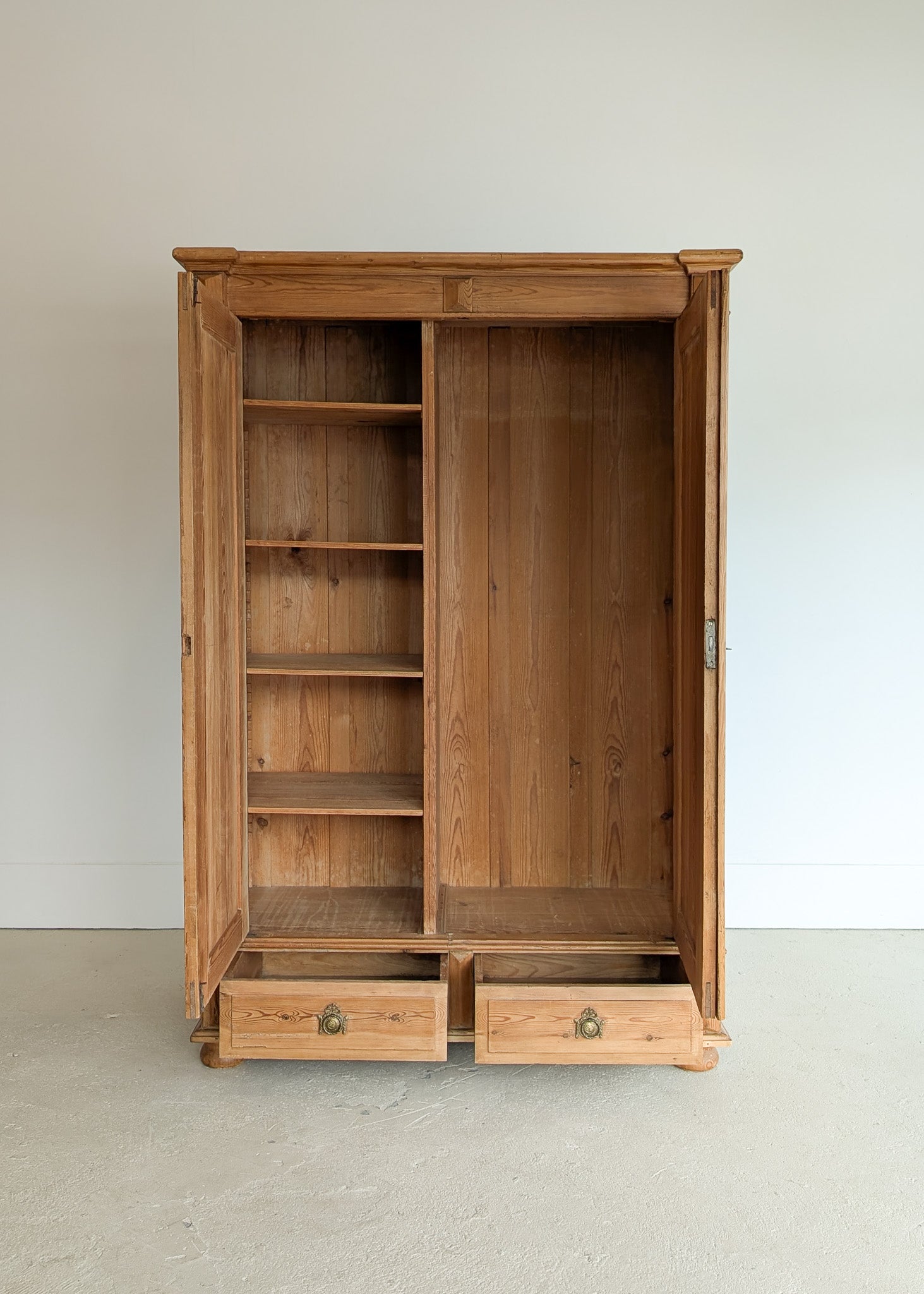 Handsome Antique European Pine Two-Door Cabinet with Bottom Drawer and Skeleton Key