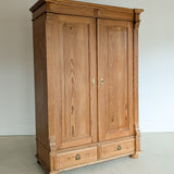 Handsome Antique European Pine Two-Door Cabinet with Bottom Drawer and Skeleton Key