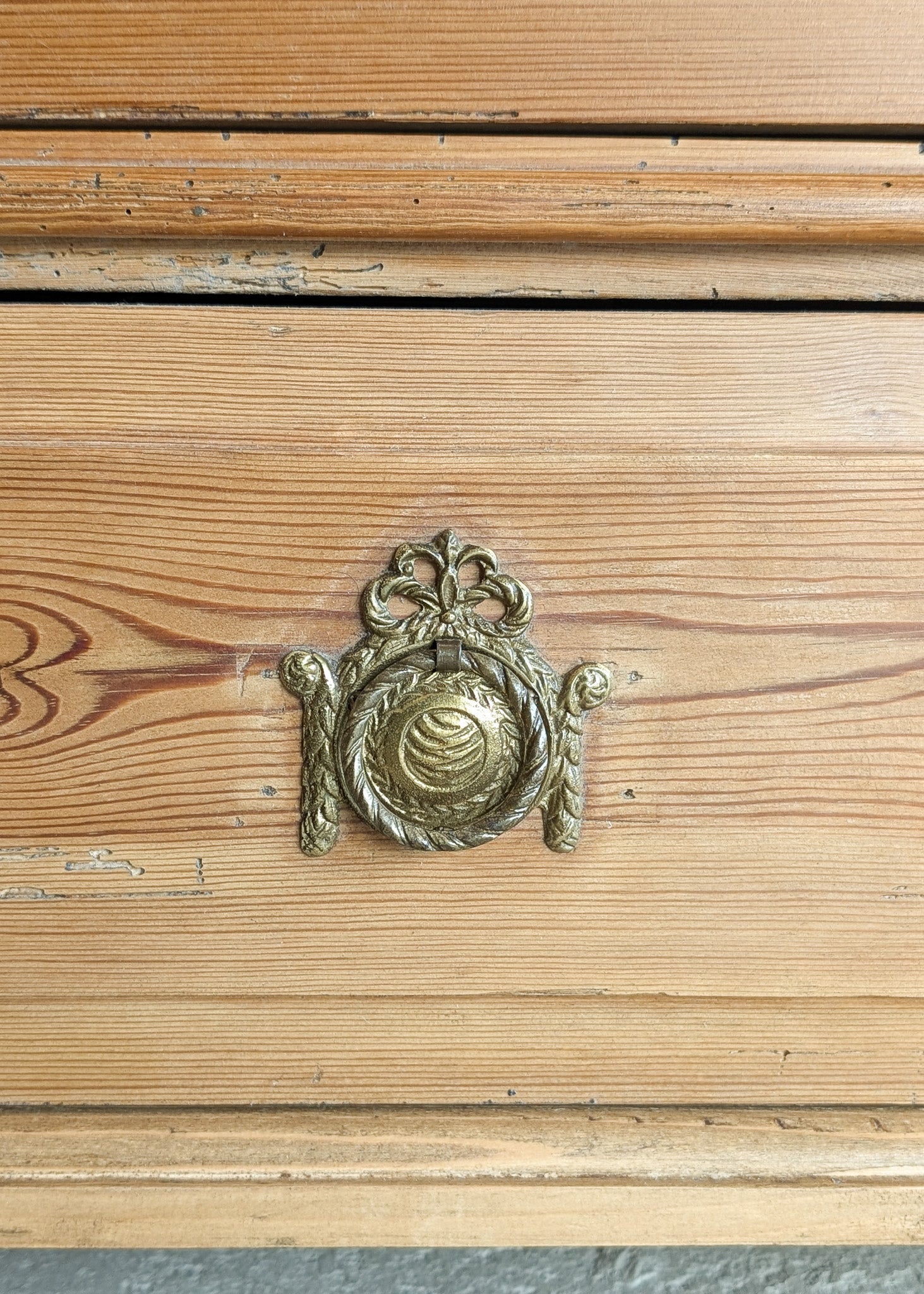 Handsome Antique European Pine Two-Door Cabinet with Bottom Drawer and Skeleton Key
