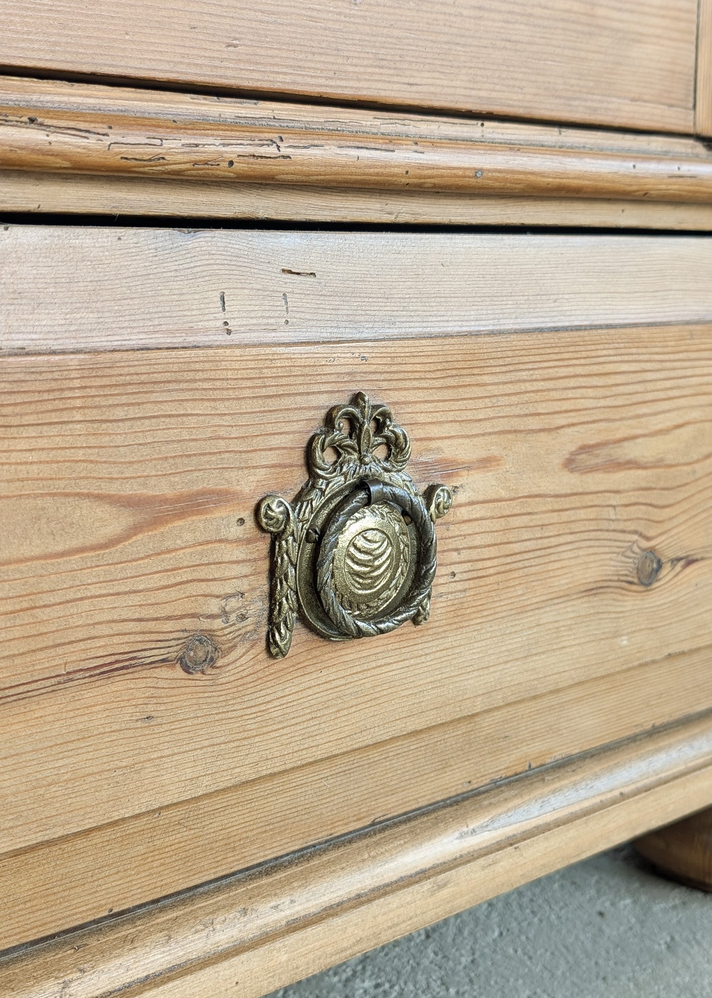 Handsome Antique European Pine Two-Door Cabinet with Bottom Drawer and Skeleton Key