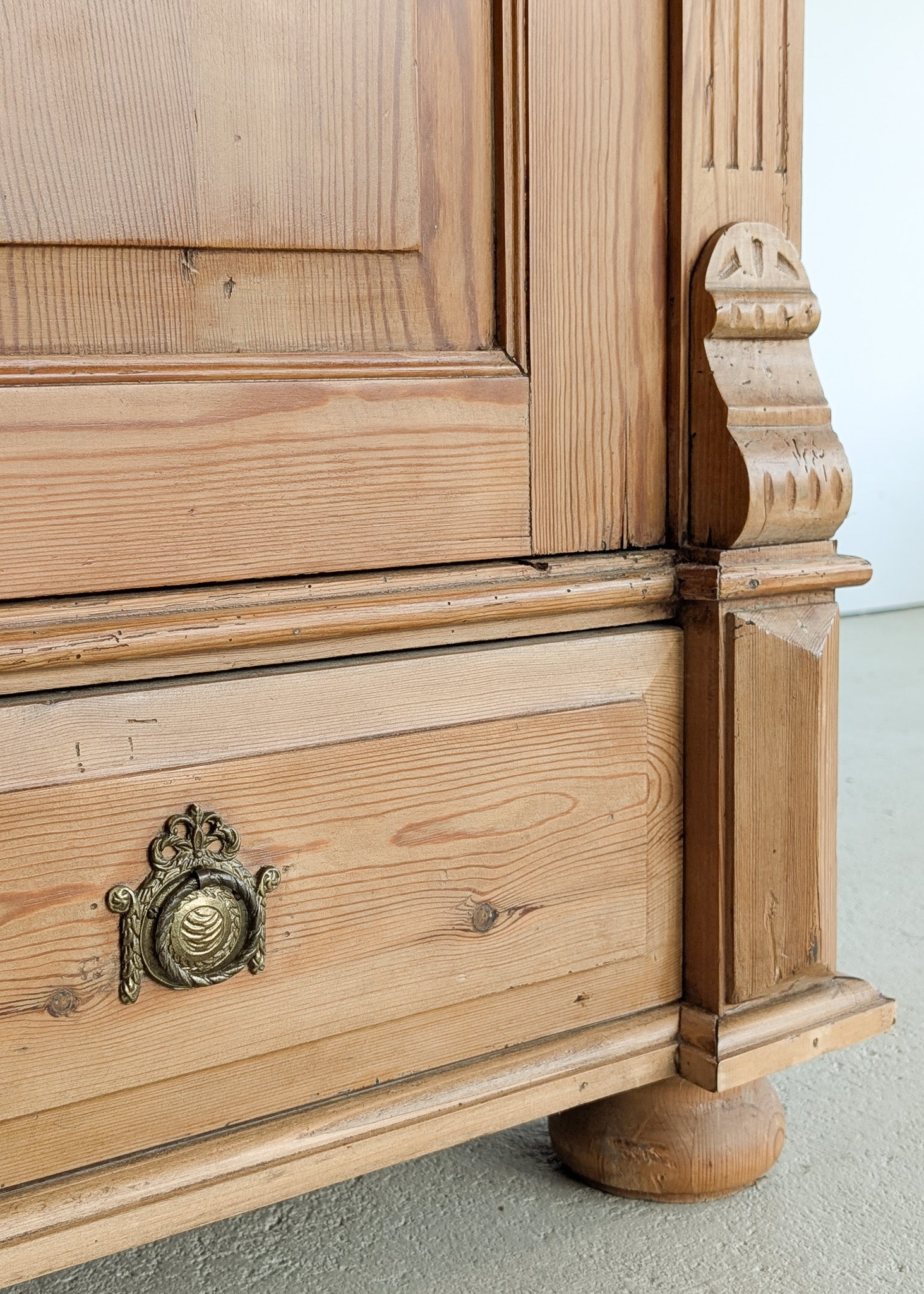 Handsome Antique European Pine Two-Door Cabinet with Bottom Drawer and Skeleton Key