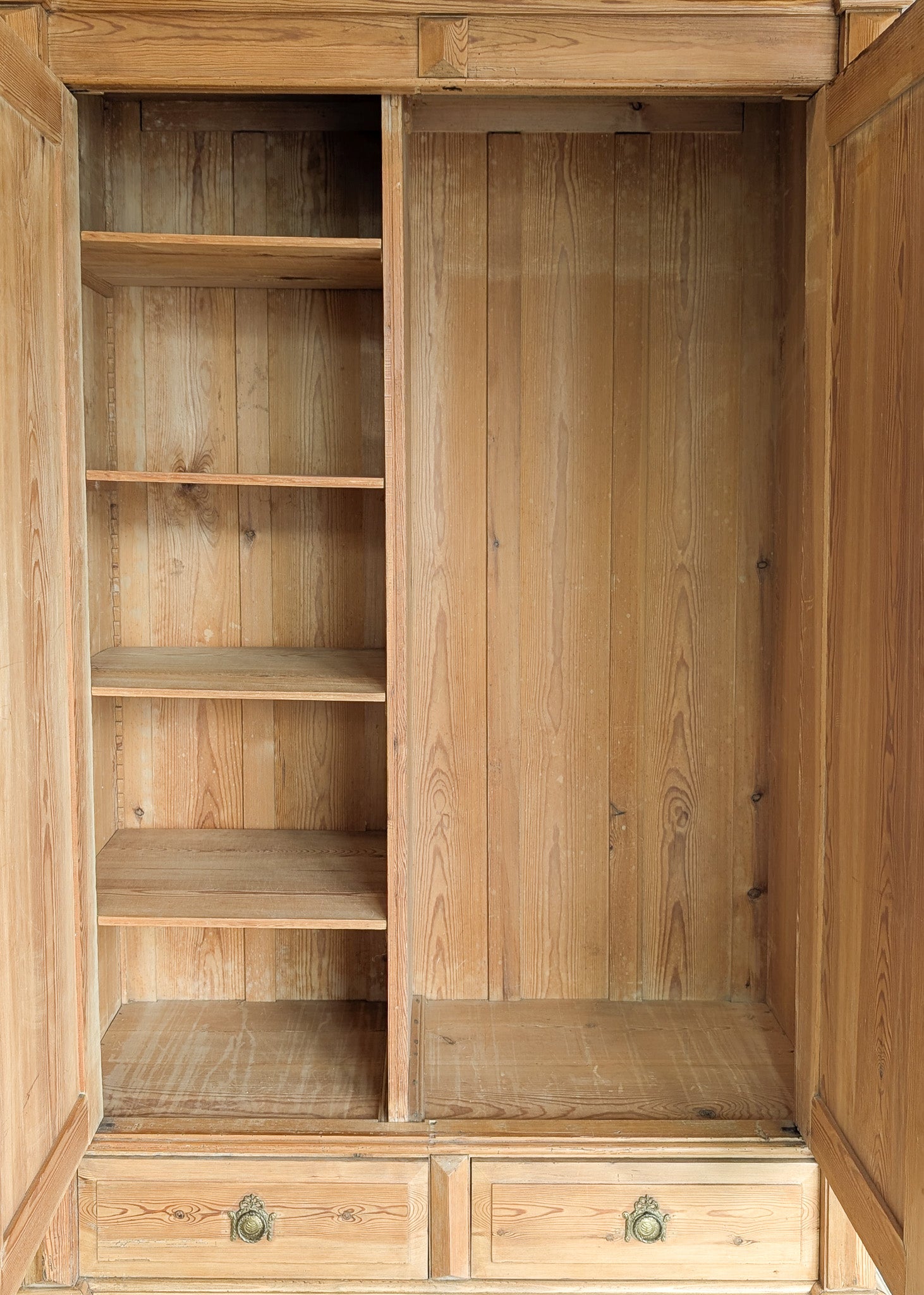 Handsome Antique European Pine Two-Door Cabinet with Bottom Drawer and Skeleton Key