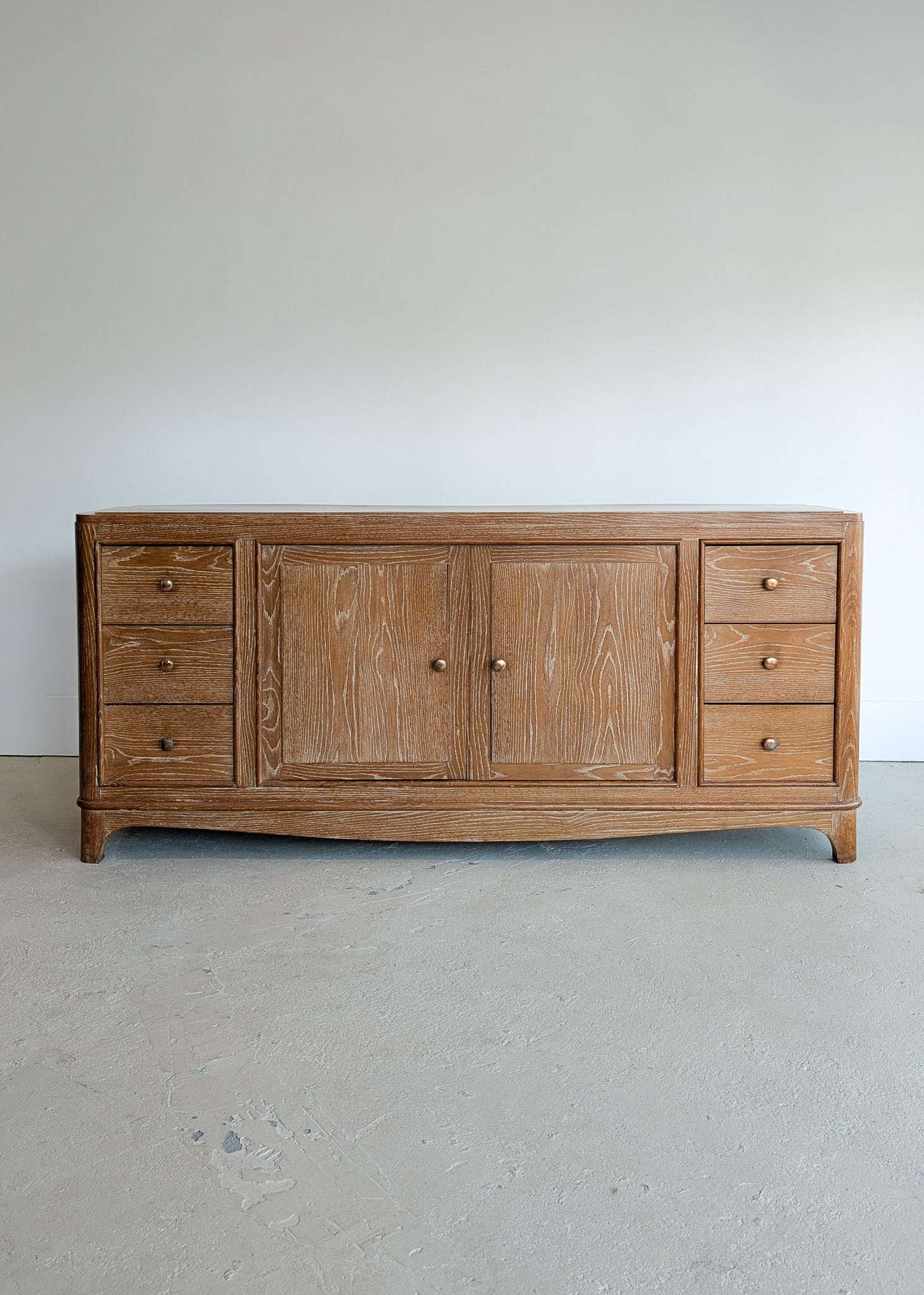 Vintage Midcentury French Charles Dudouyt-Style Cerused Oak Sideboard with Copper Pulls