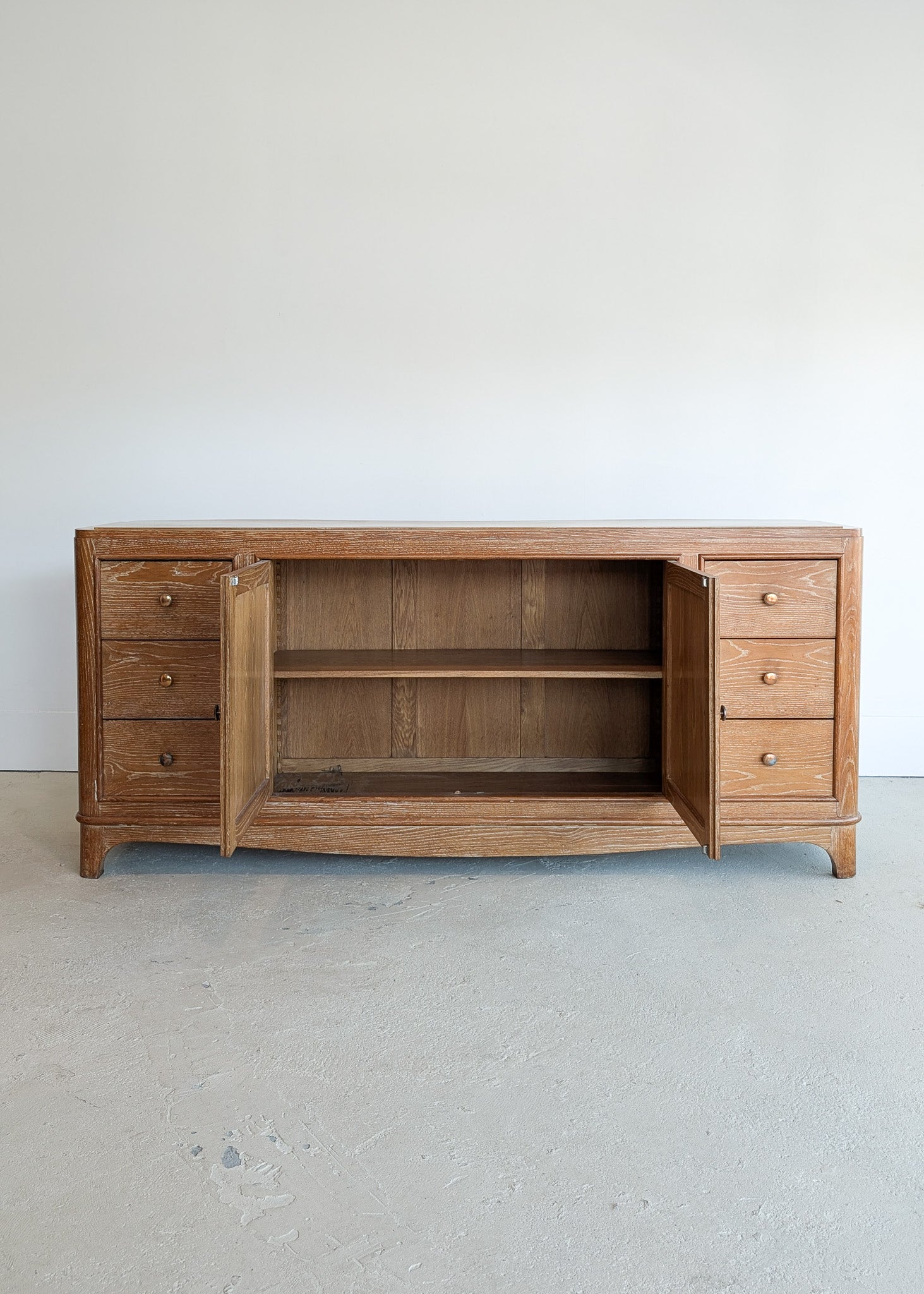 Vintage Midcentury French Charles Dudouyt-Style Cerused Oak Sideboard with Copper Pulls
