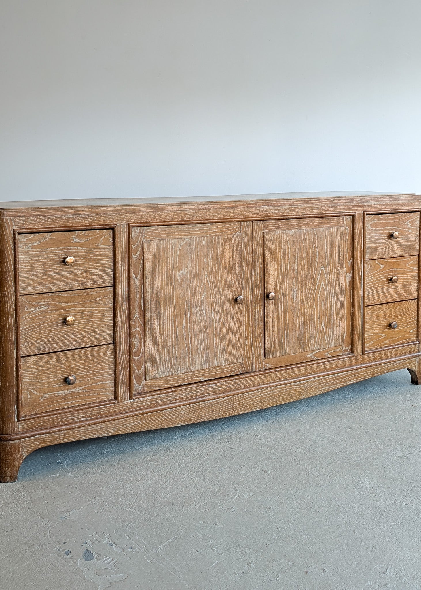 Vintage Midcentury French Charles Dudouyt-Style Cerused Oak Sideboard with Copper Pulls