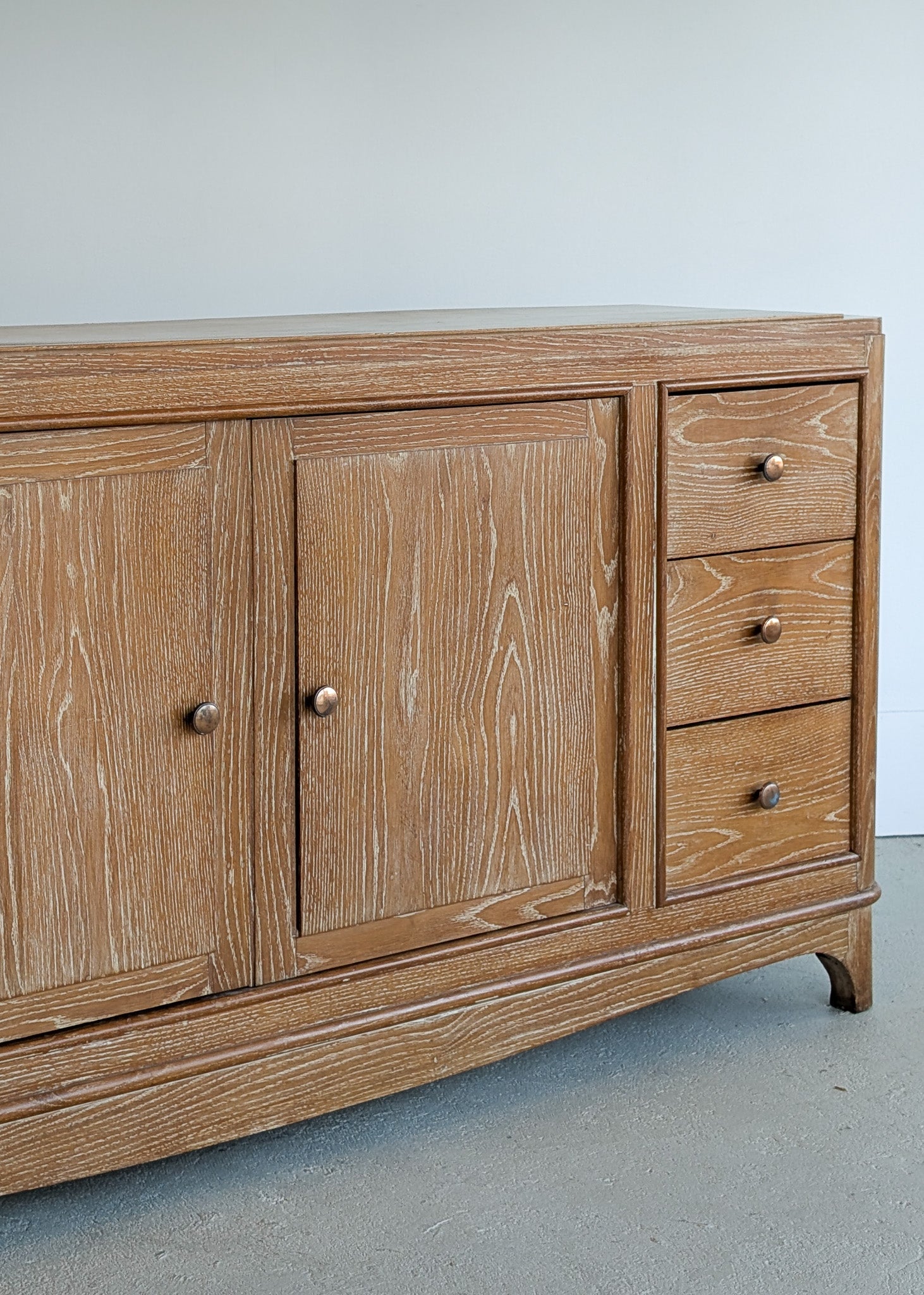 Vintage Midcentury French Charles Dudouyt-Style Cerused Oak Sideboard with Copper Pulls