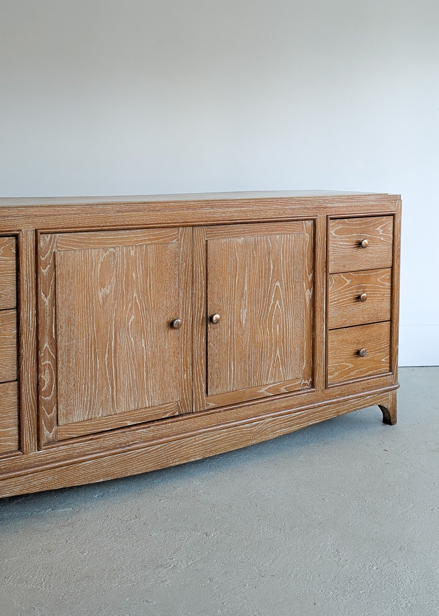 Vintage Midcentury French Charles Dudouyt-Style Cerused Oak Sideboard with Copper Pulls