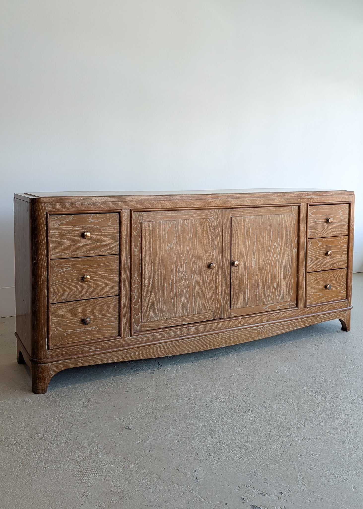 Vintage Midcentury French Charles Dudouyt-Style Cerused Oak Sideboard with Copper Pulls