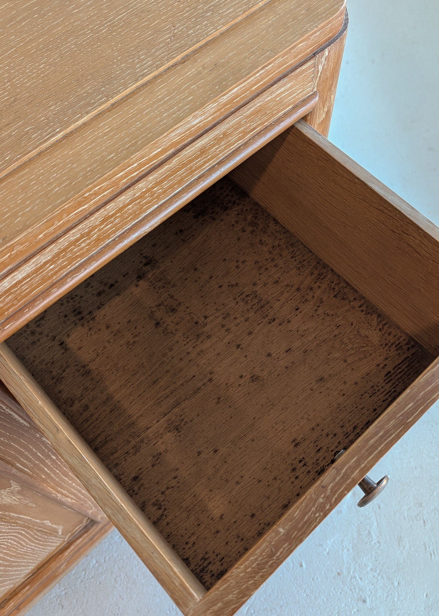 Vintage Midcentury French Charles Dudouyt-Style Cerused Oak Sideboard with Copper Pulls