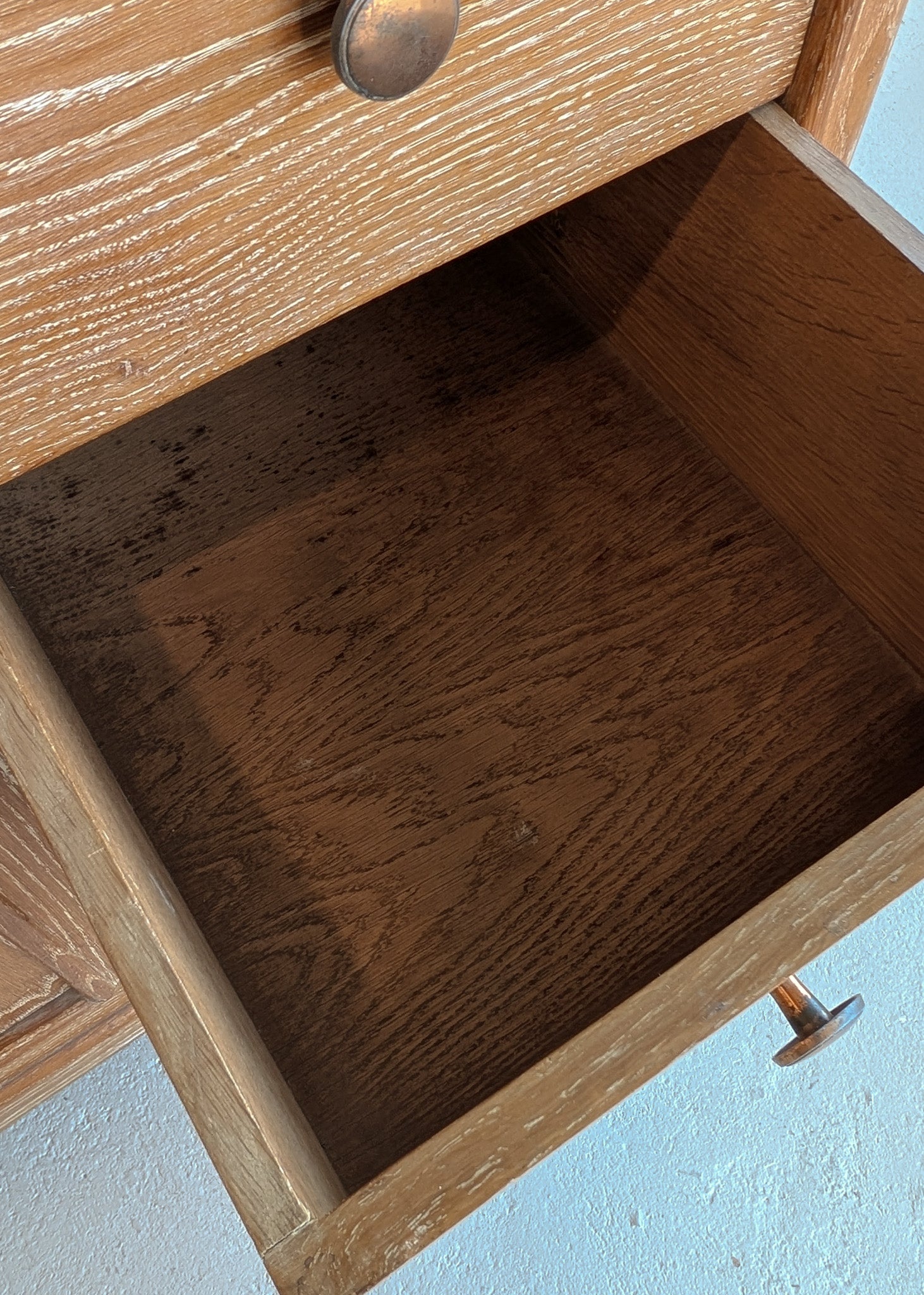 Vintage Midcentury French Charles Dudouyt-Style Cerused Oak Sideboard with Copper Pulls