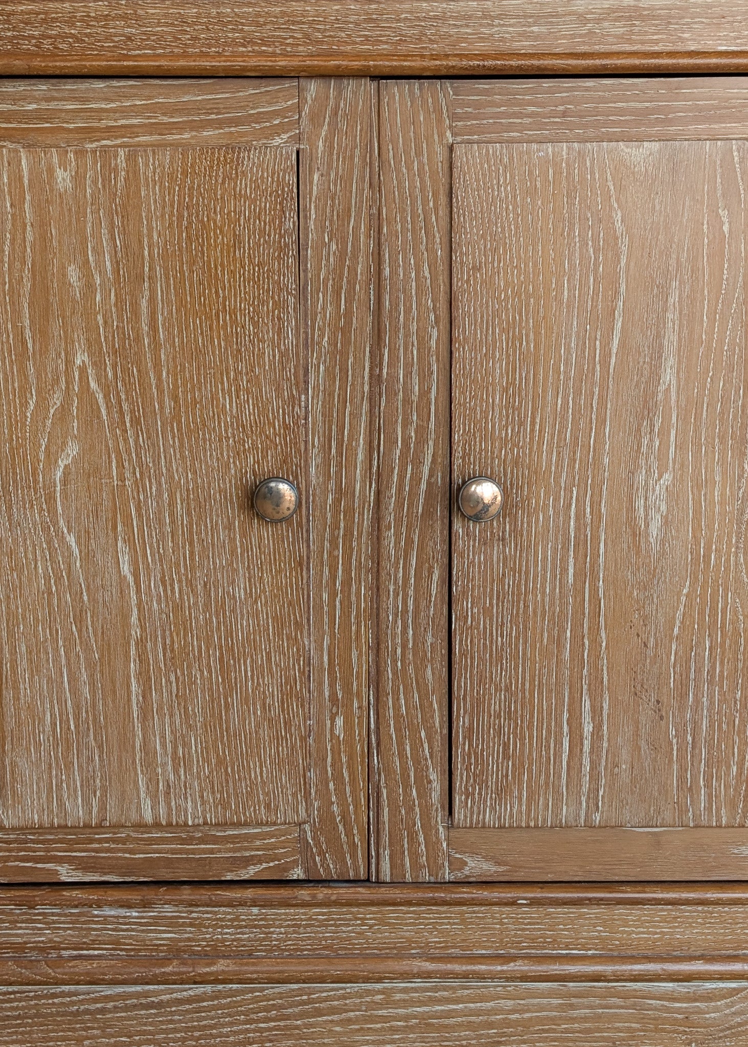 Vintage Midcentury French Charles Dudouyt-Style Cerused Oak Sideboard with Copper Pulls