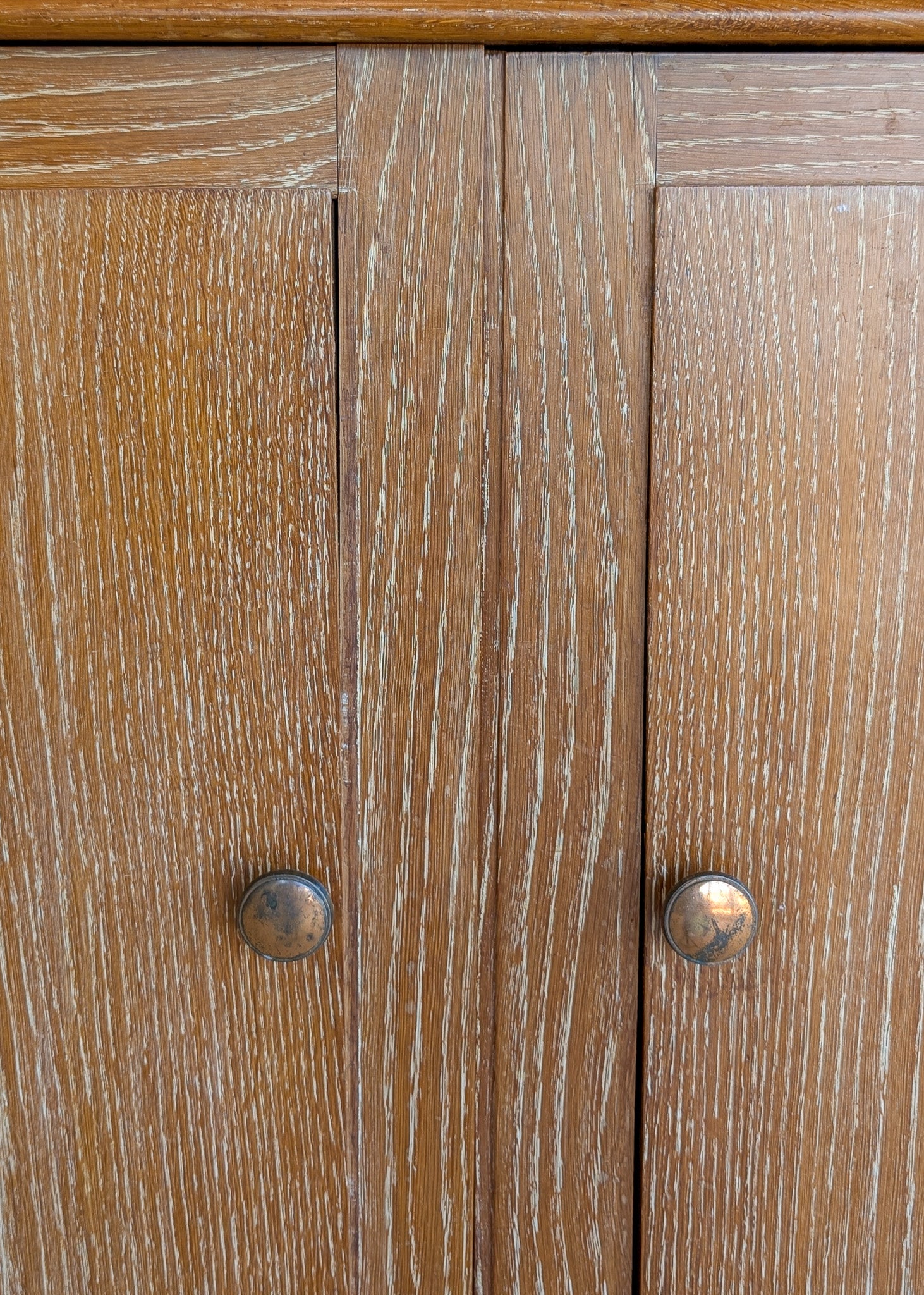Vintage Midcentury French Charles Dudouyt-Style Cerused Oak Sideboard with Copper Pulls