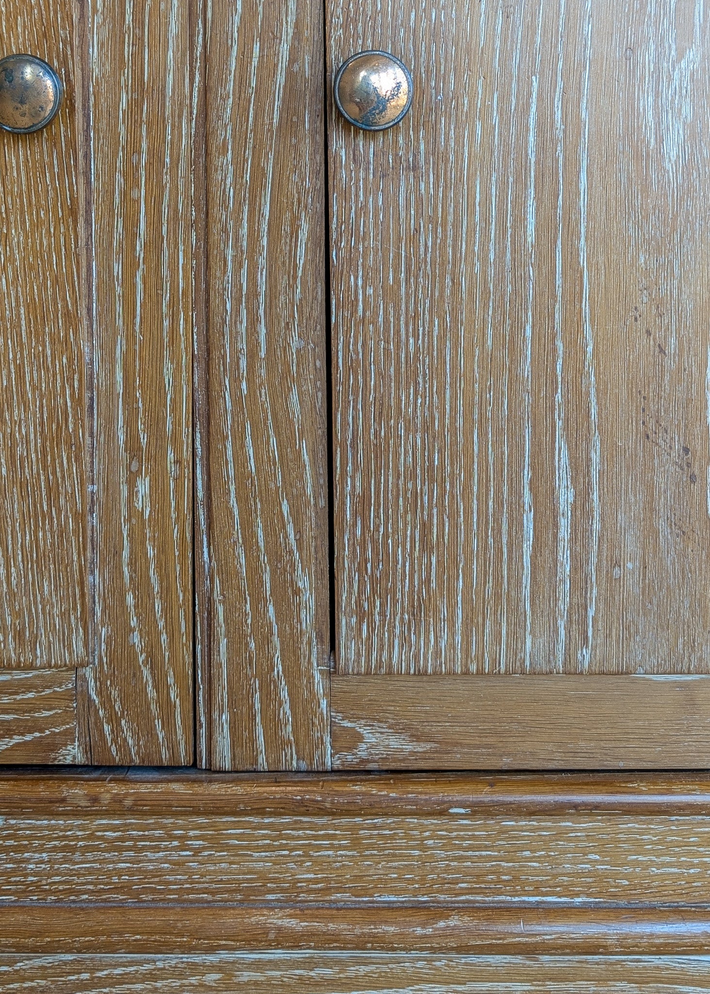 Vintage Midcentury French Charles Dudouyt-Style Cerused Oak Sideboard with Copper Pulls