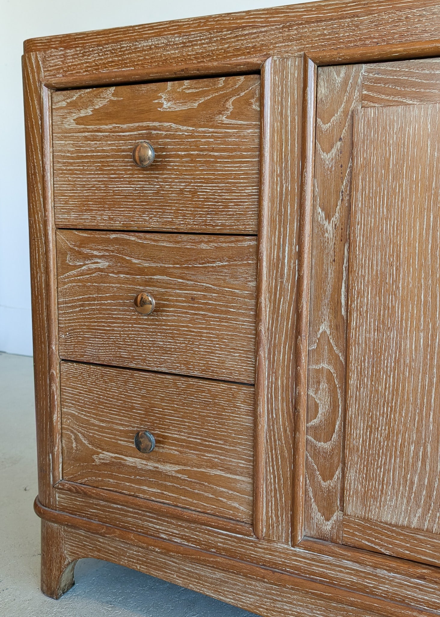 Vintage Midcentury French Charles Dudouyt-Style Cerused Oak Sideboard with Copper Pulls