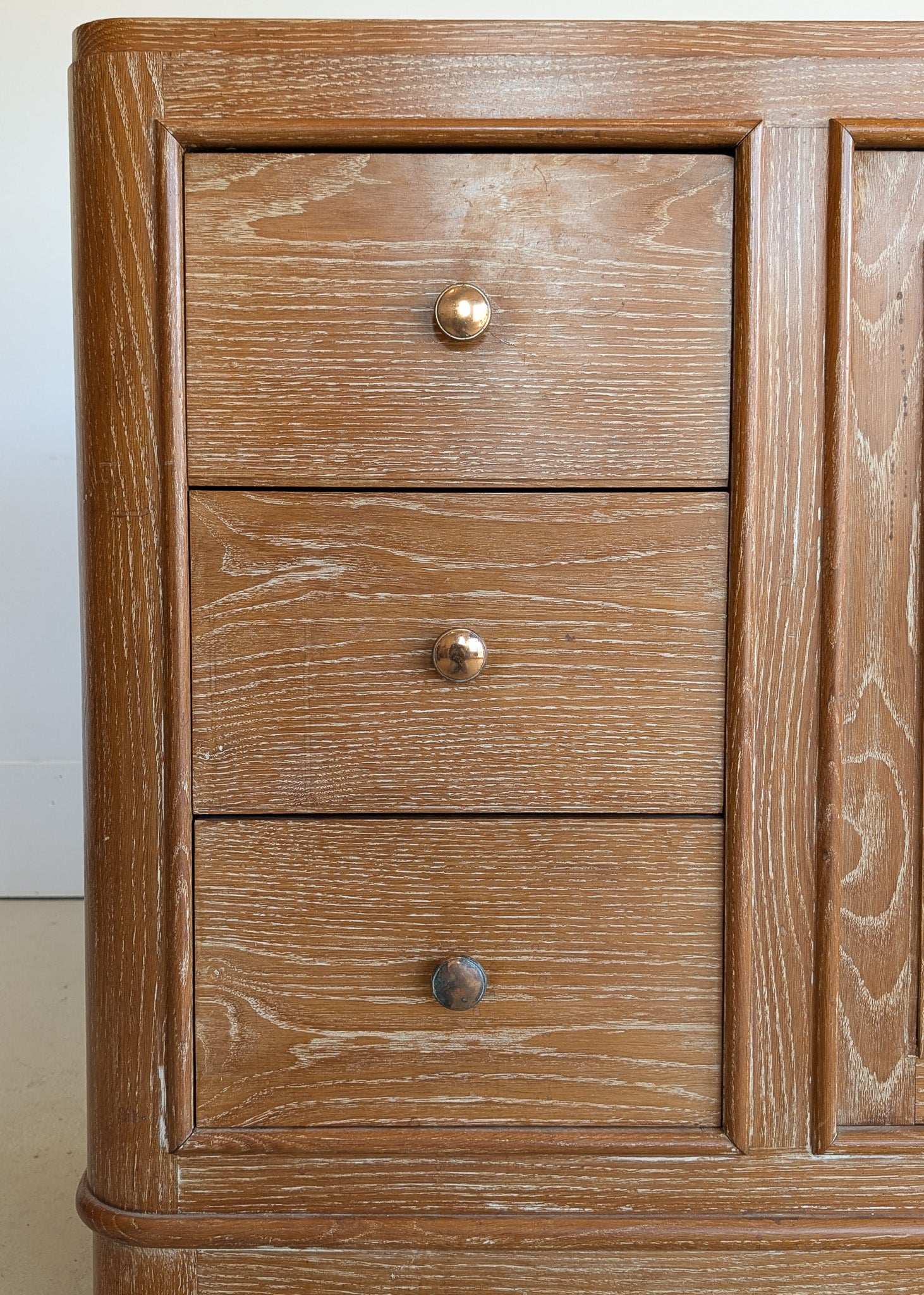 Vintage Midcentury French Charles Dudouyt-Style Cerused Oak Sideboard with Copper Pulls