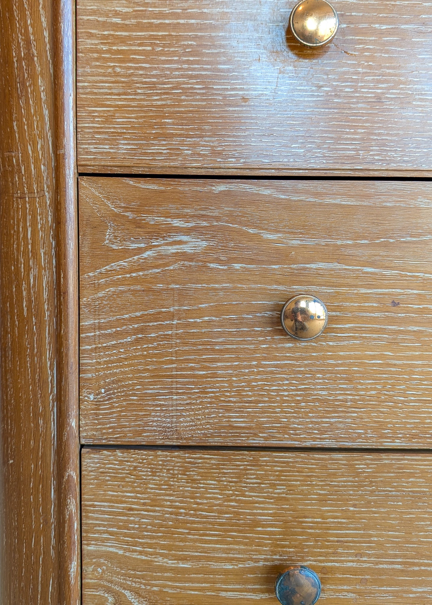 Vintage Midcentury French Charles Dudouyt-Style Cerused Oak Sideboard with Copper Pulls