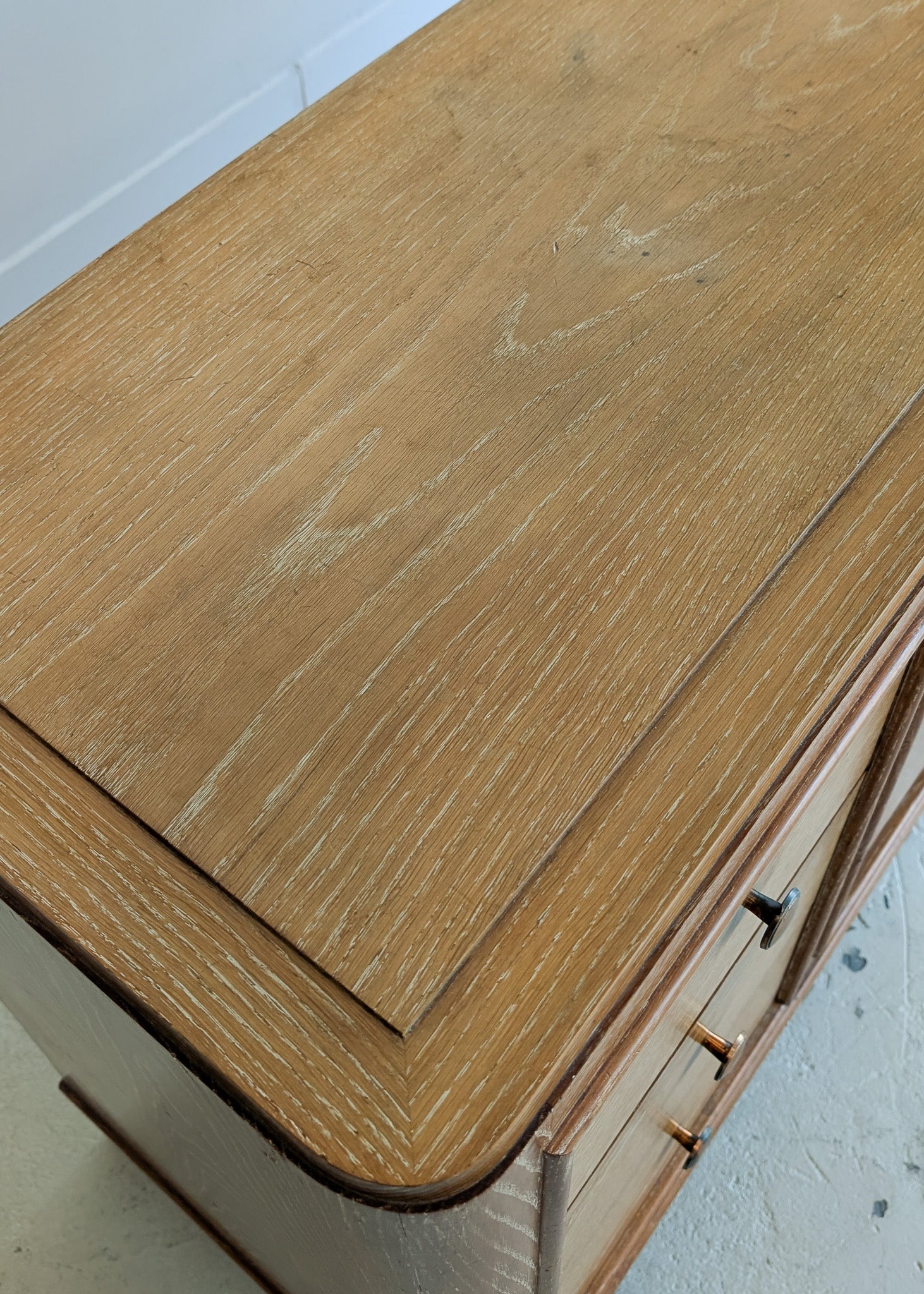 Vintage Midcentury French Charles Dudouyt-Style Cerused Oak Sideboard with Copper Pulls