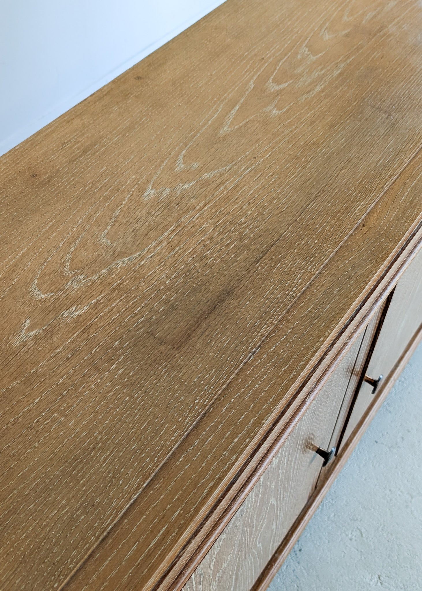 Vintage Midcentury French Charles Dudouyt-Style Cerused Oak Sideboard with Copper Pulls