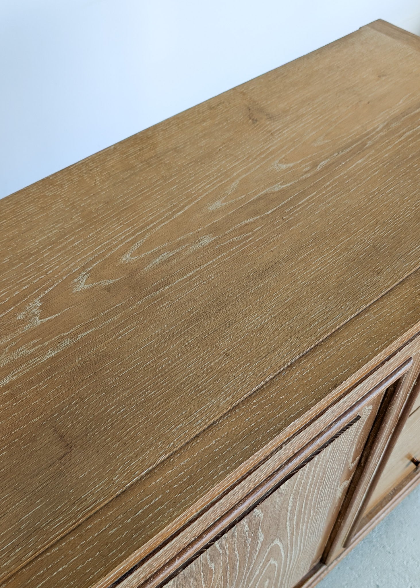 Vintage Midcentury French Charles Dudouyt-Style Cerused Oak Sideboard with Copper Pulls