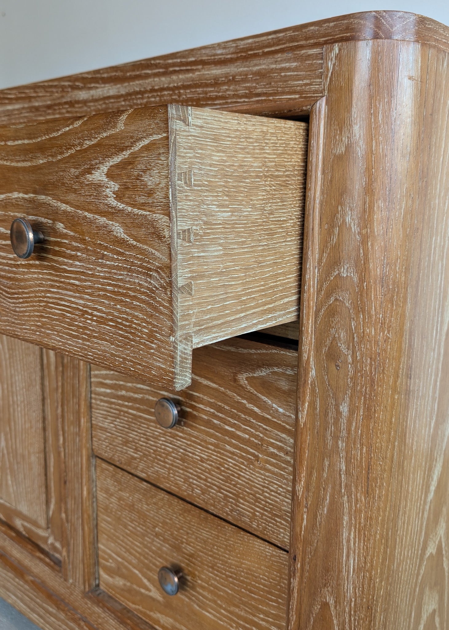 Vintage Midcentury French Charles Dudouyt-Style Cerused Oak Sideboard with Copper Pulls