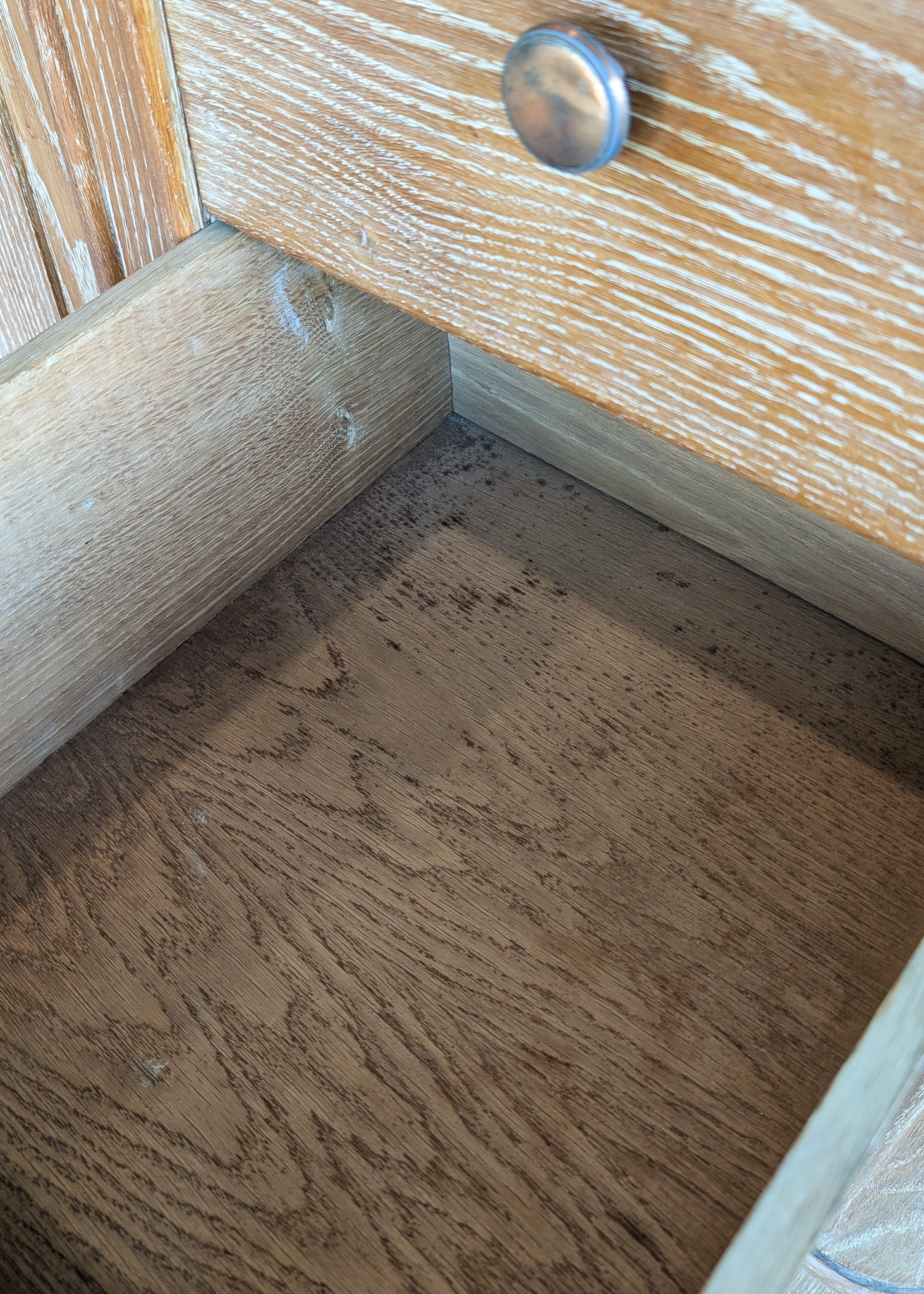 Vintage Midcentury French Charles Dudouyt-Style Cerused Oak Sideboard with Copper Pulls