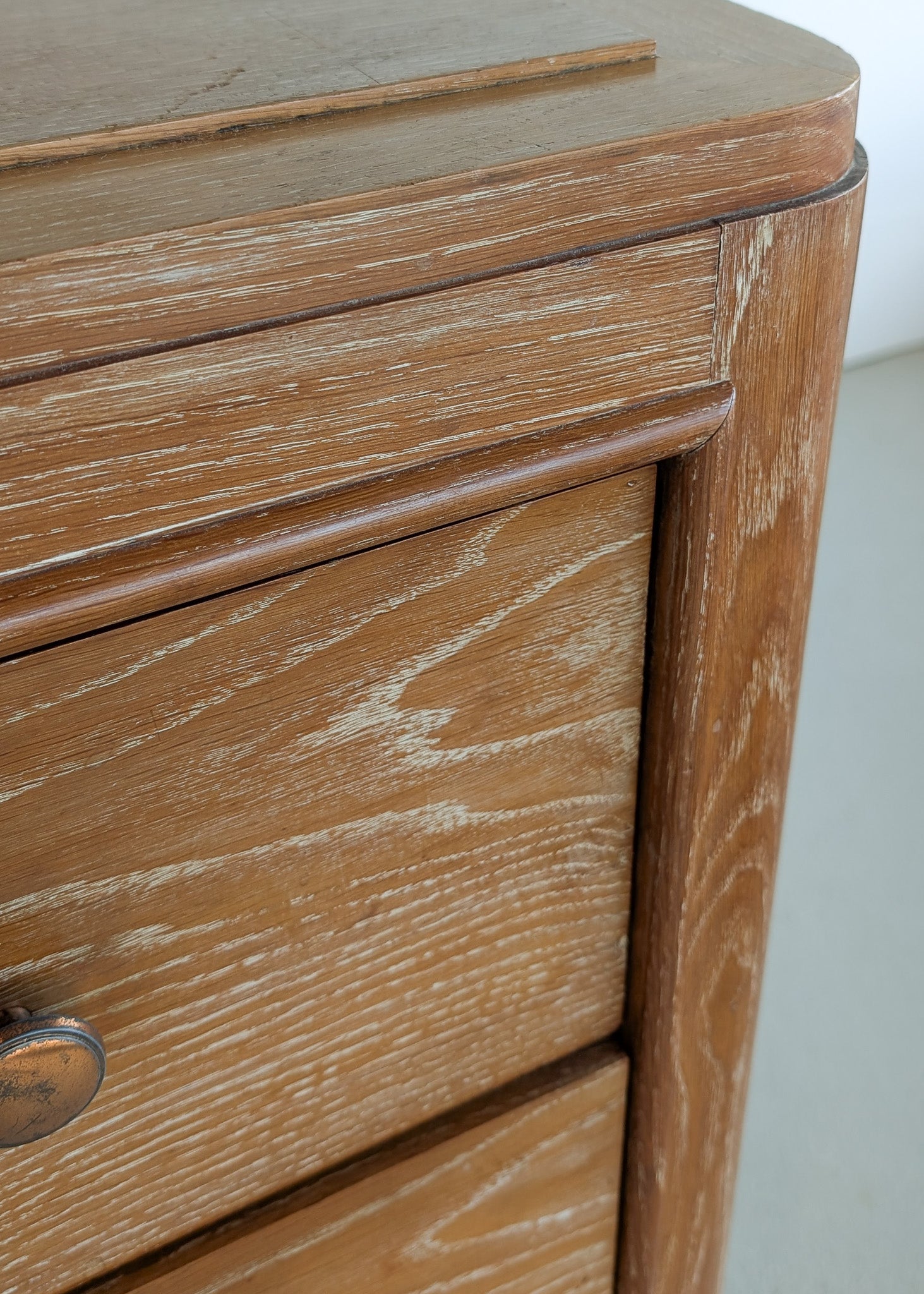 Vintage Midcentury French Charles Dudouyt-Style Cerused Oak Sideboard with Copper Pulls