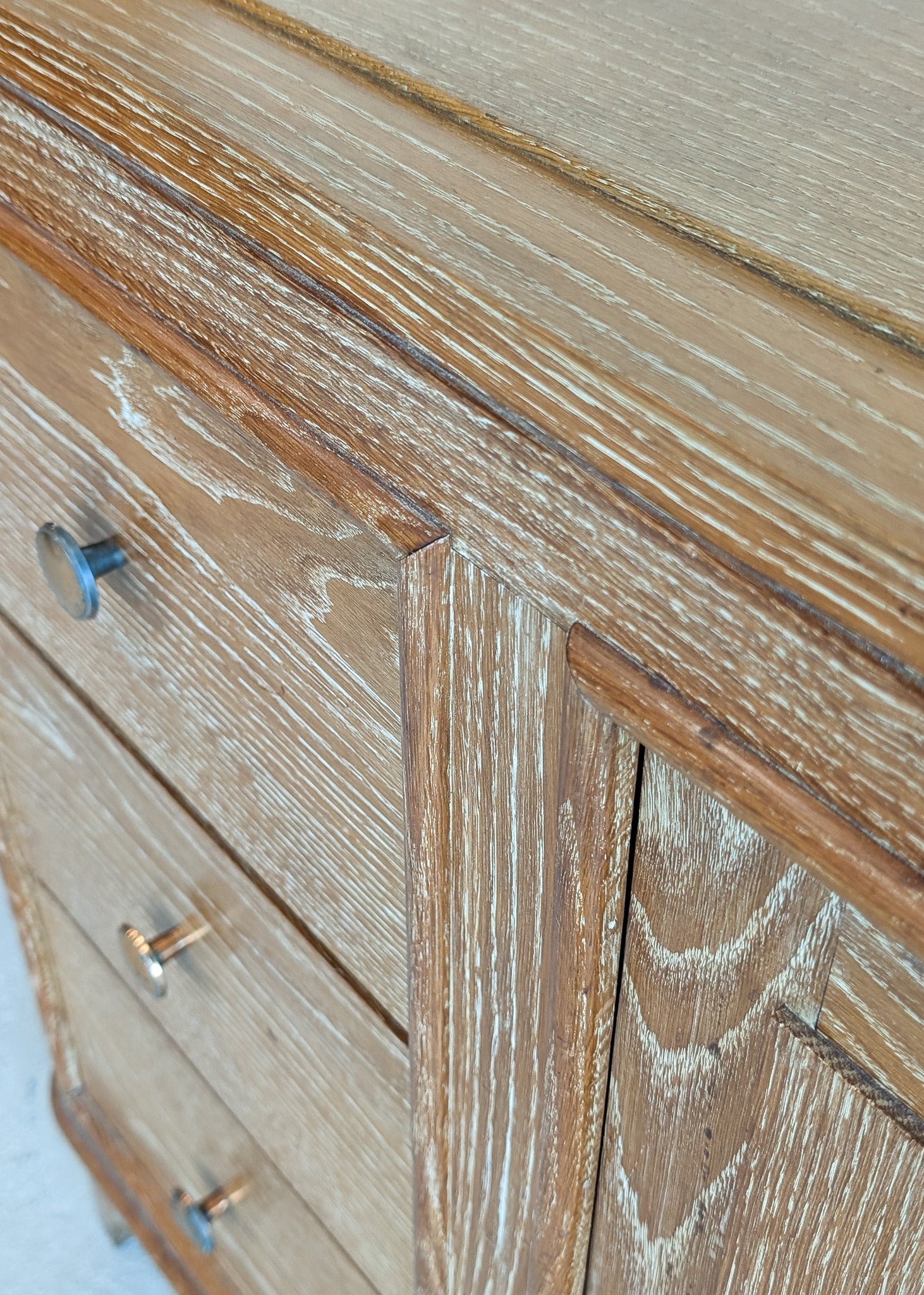 Vintage Midcentury French Charles Dudouyt-Style Cerused Oak Sideboard with Copper Pulls