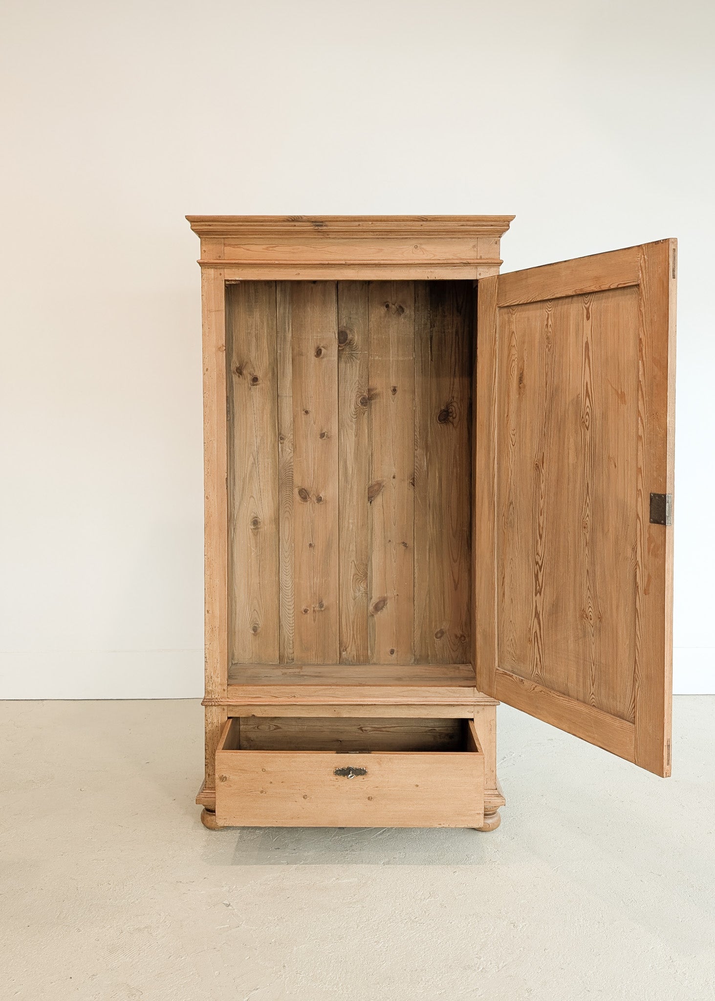 Antique Danish Pine Cabinet with Bottom Drawer and Skeleton Key