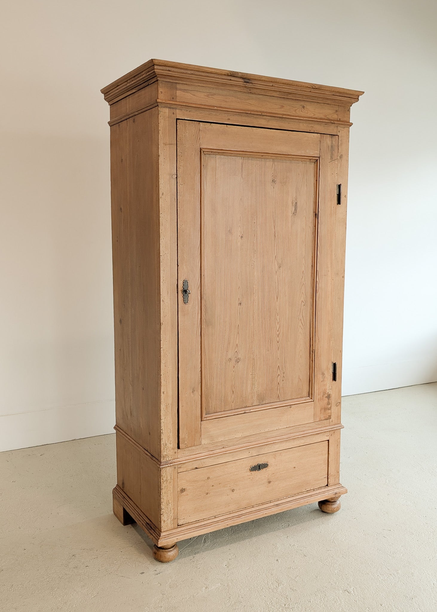 Antique Danish Pine Cabinet with Bottom Drawer and Skeleton Key