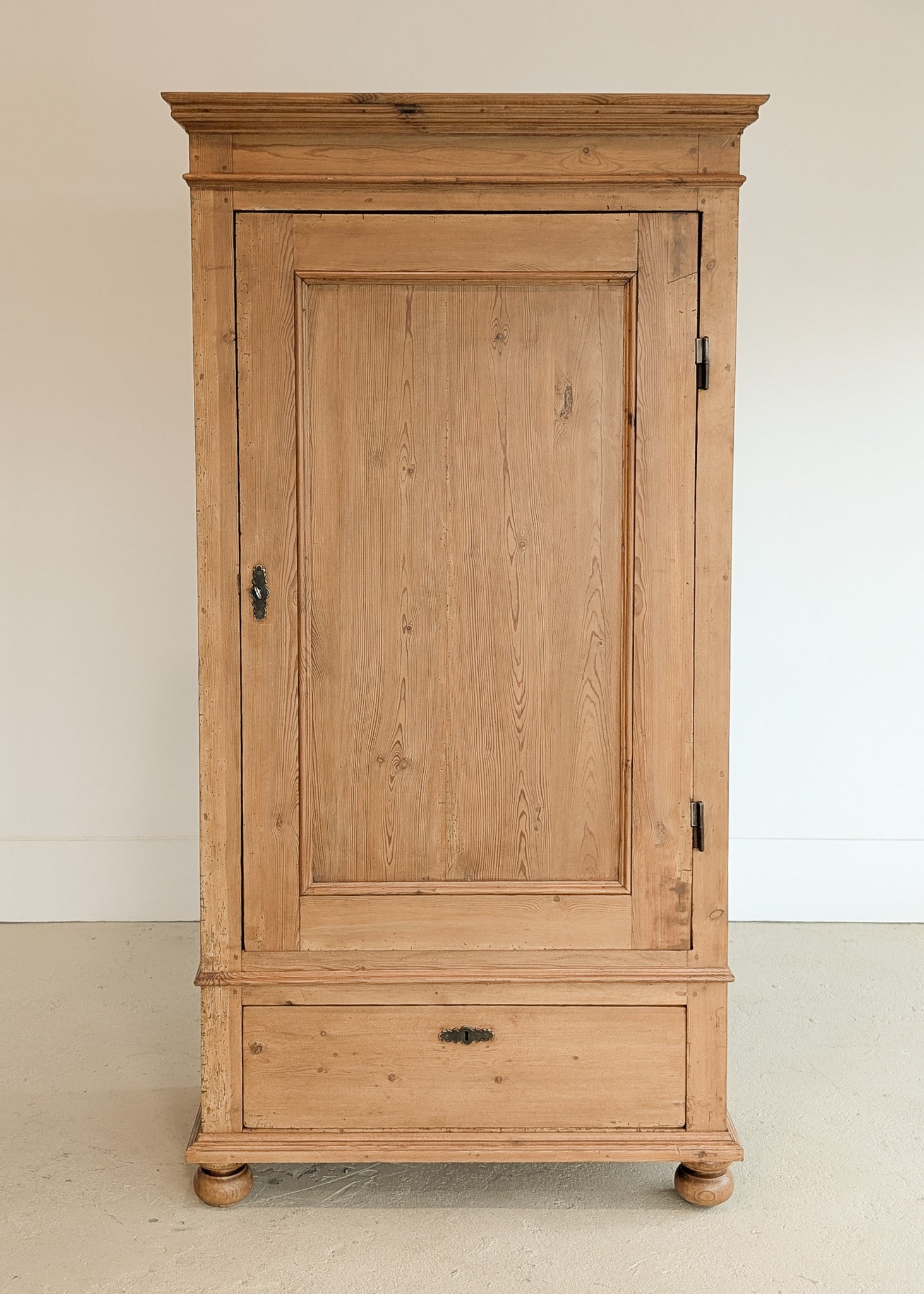 Antique Danish Pine Cabinet with Bottom Drawer and Skeleton Key
